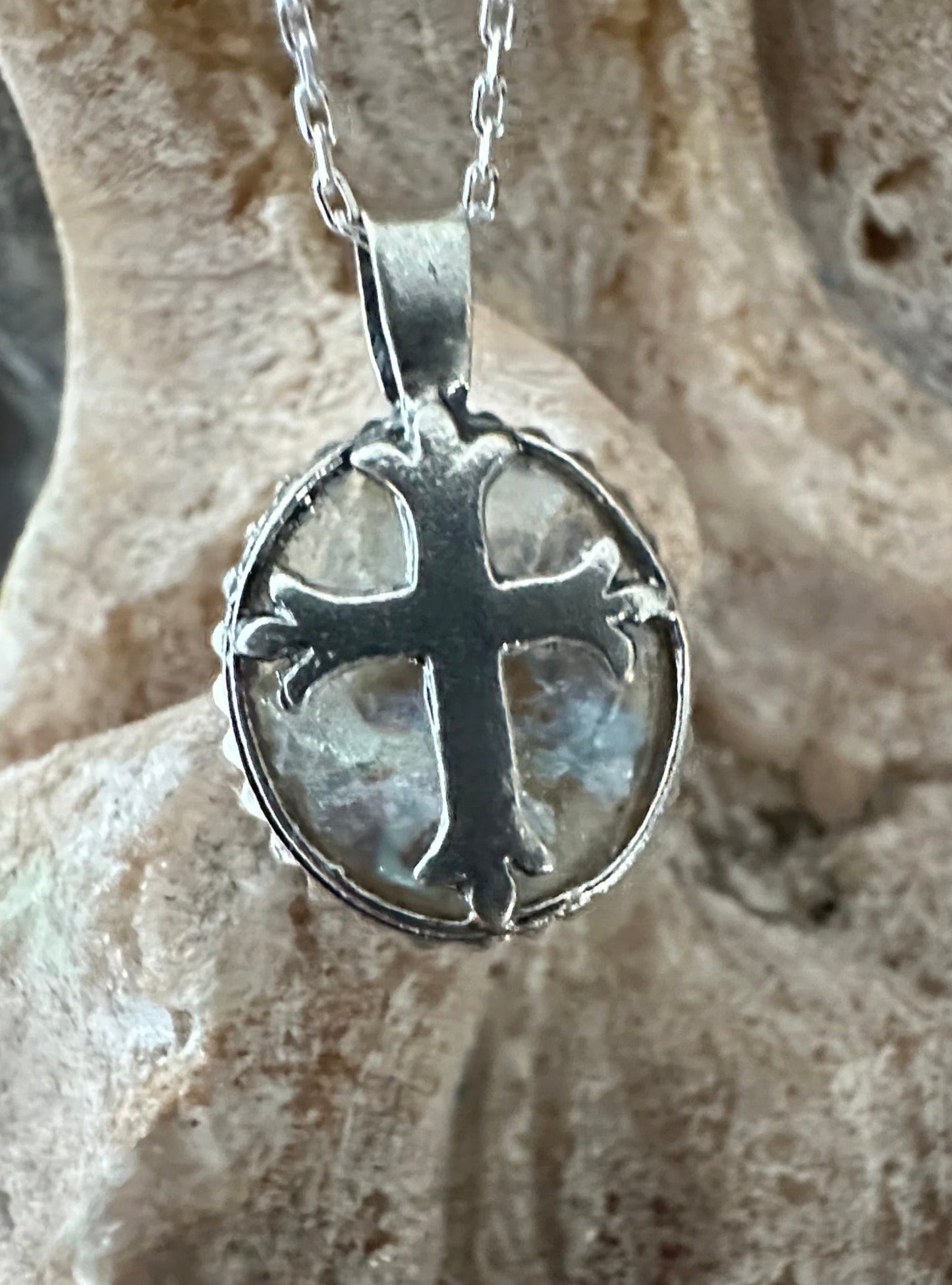 Ancient Roman Glass Cross Oval Sterling Silver Necklace