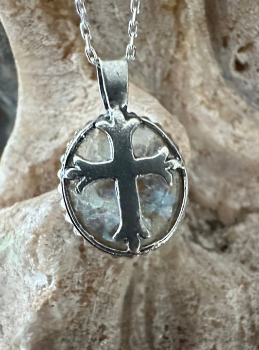Ancient Roman Glass Cross Oval Sterling Silver Necklace