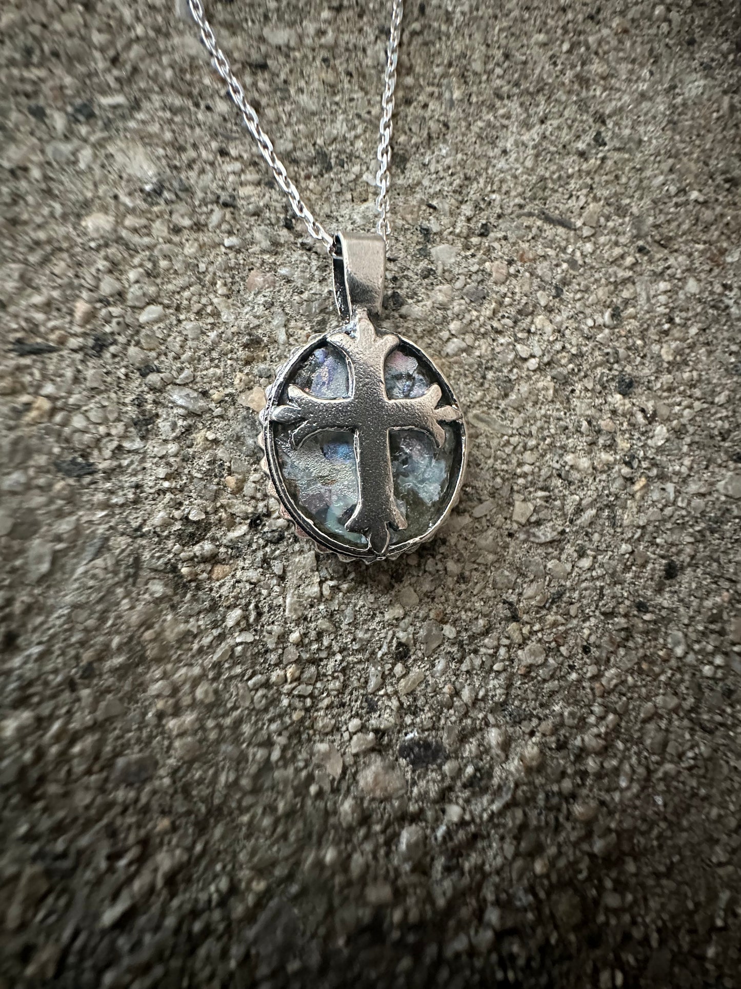 Ancient Roman Glass Cross Oval Sterling Silver Necklace
