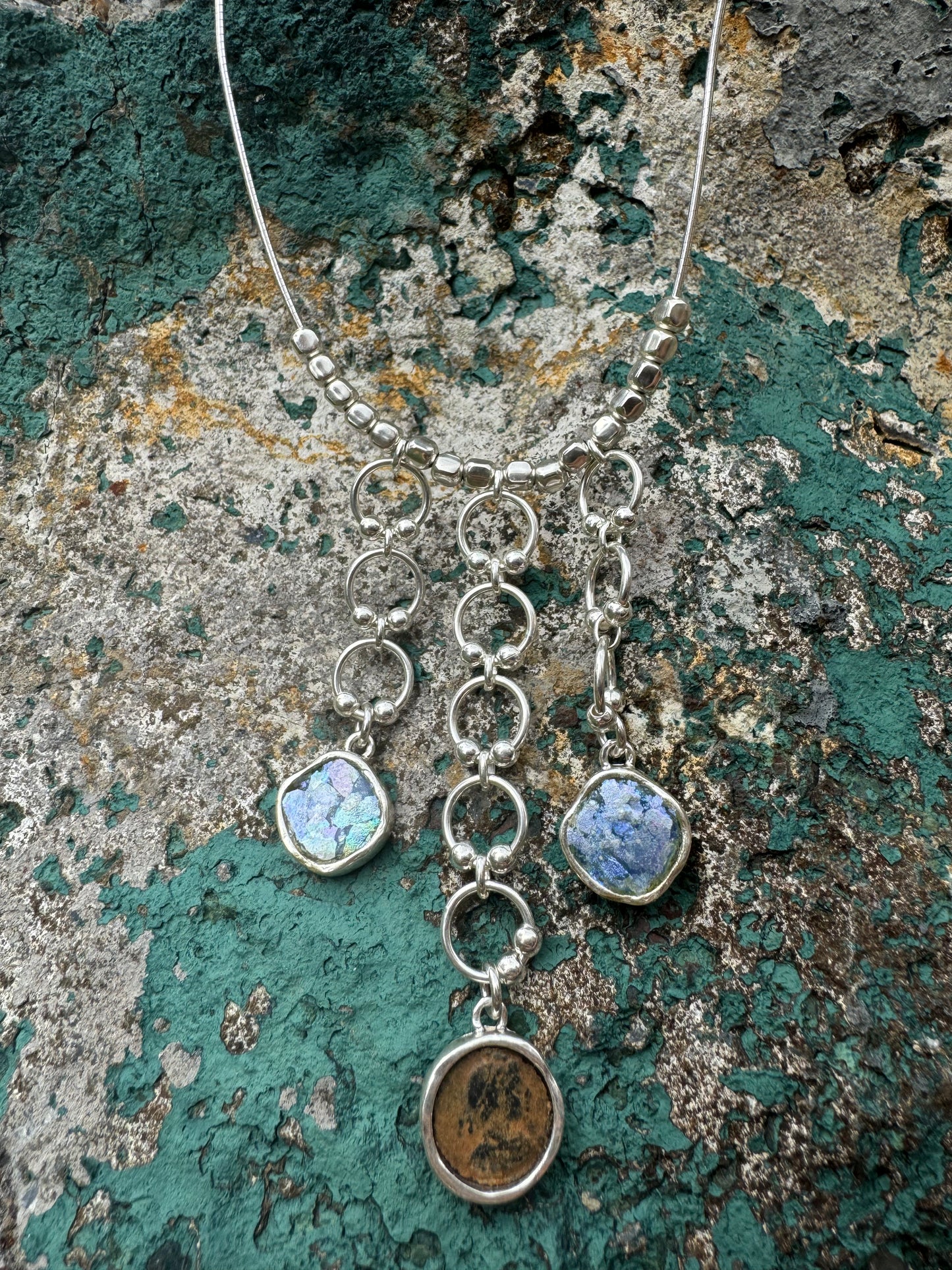 Ancient Roman Glass & Roman Coin Sterling Silver Necklace
