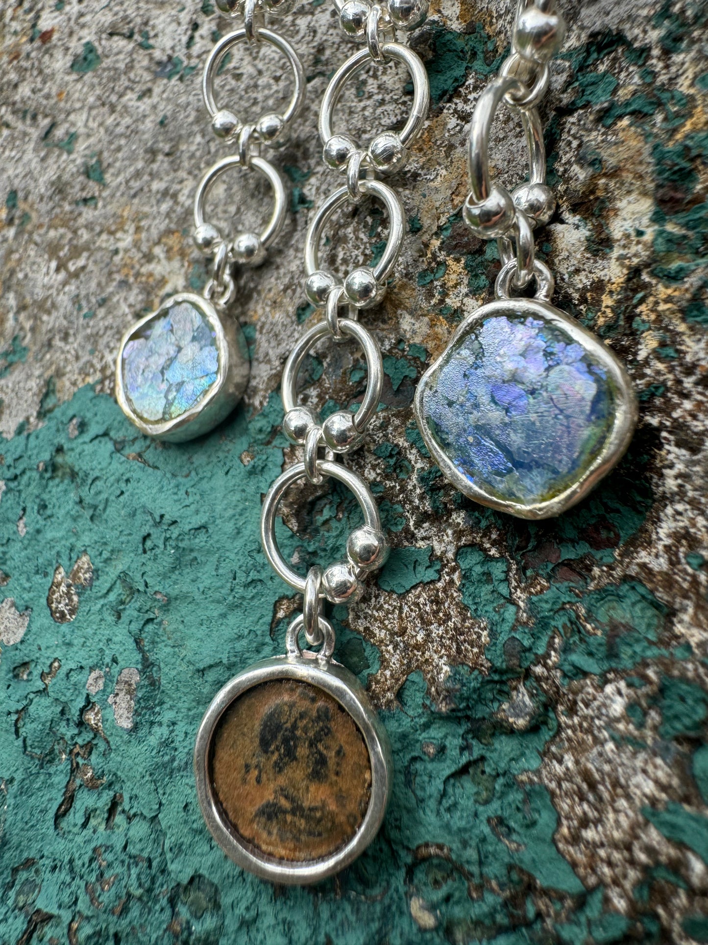Ancient Roman Glass & Roman Coin Sterling Silver Necklace