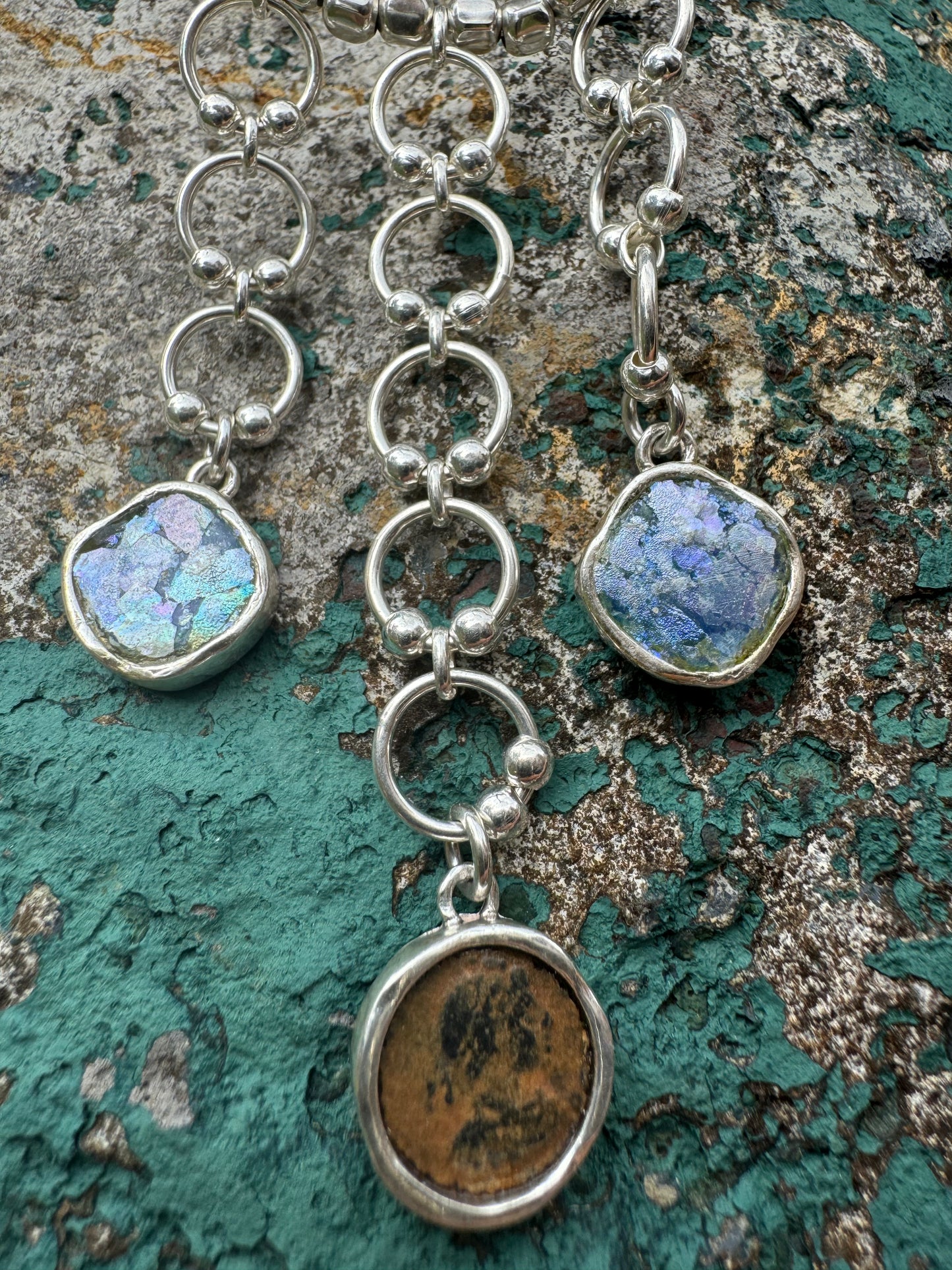Ancient Roman Glass & Roman Coin Sterling Silver Necklace