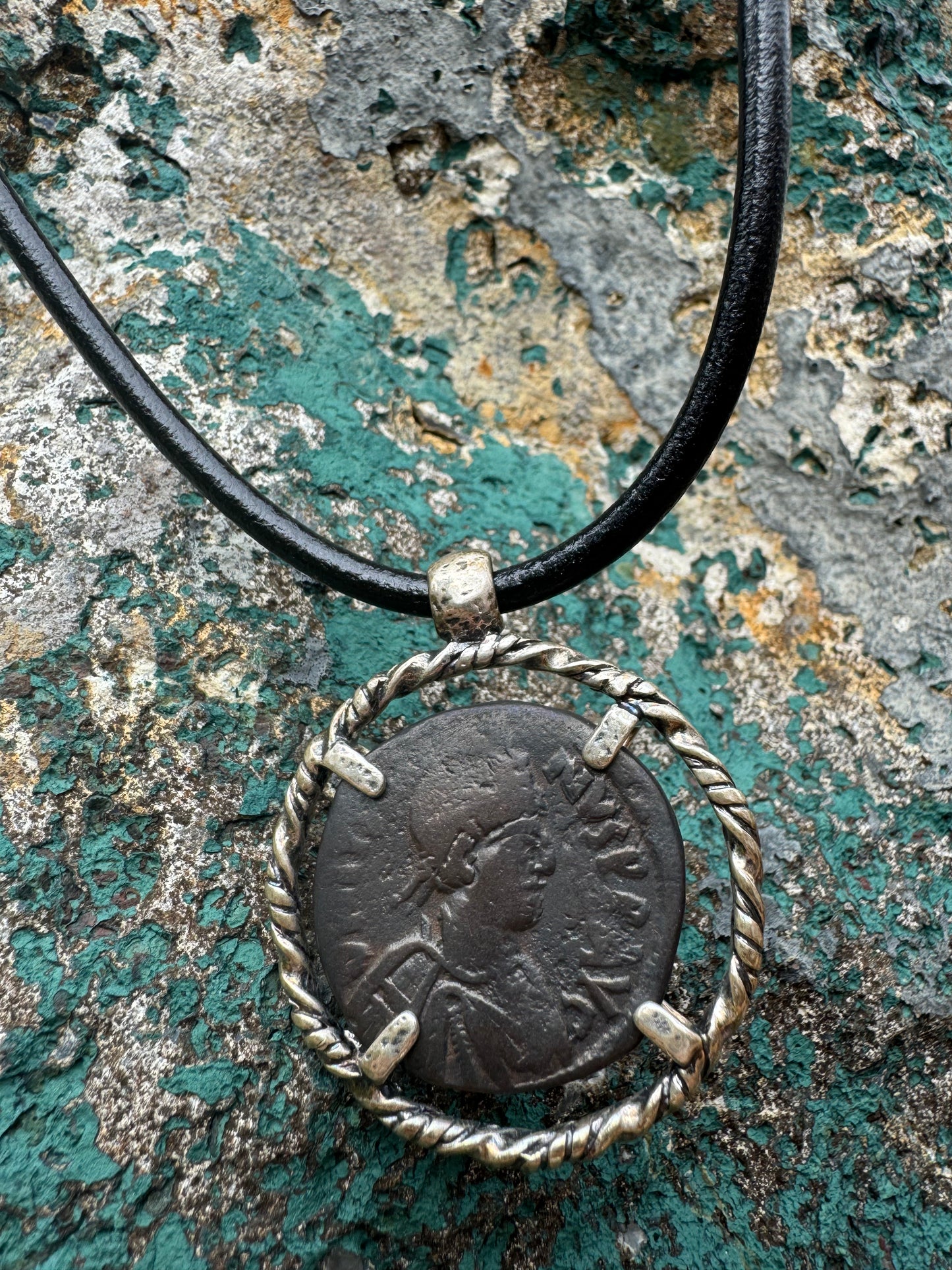 Big "M" Ancient Roman Coin Round Leather Necklace