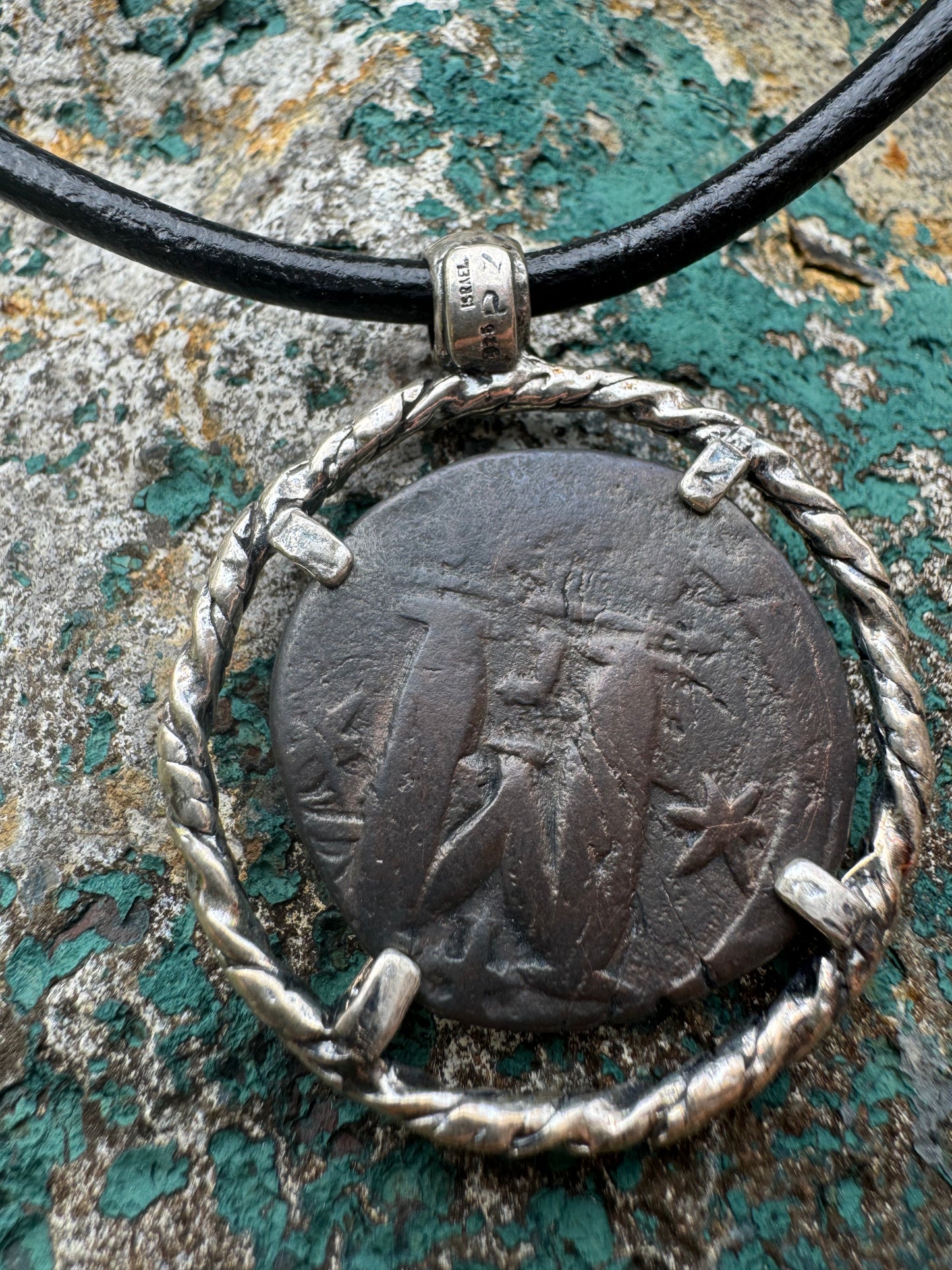 Big "M" Ancient Roman Coin Round Leather Necklace