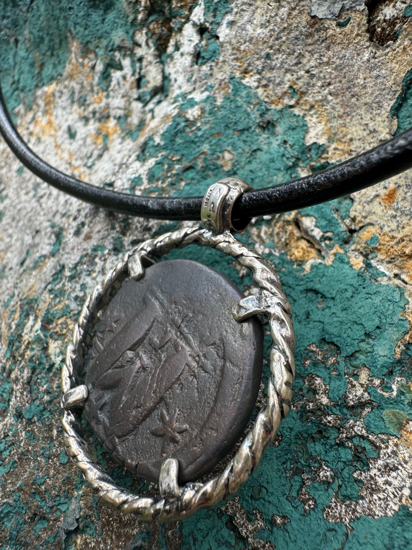 Big "M" Ancient Roman Coin Round Leather Necklace