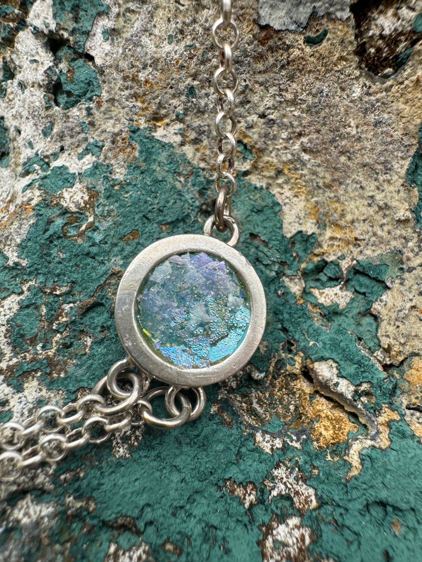 Ancient Roman Glass & Coin Silver Necklace