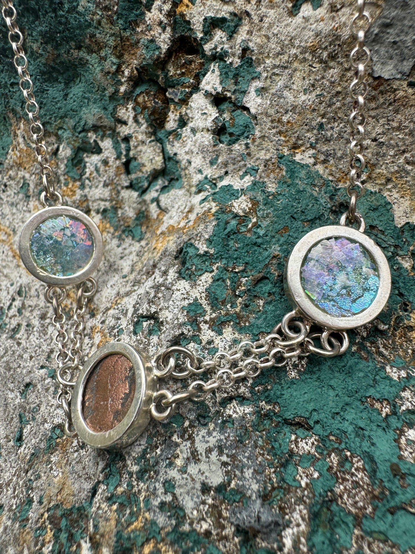 Ancient Roman Glass & Coin Silver Necklace