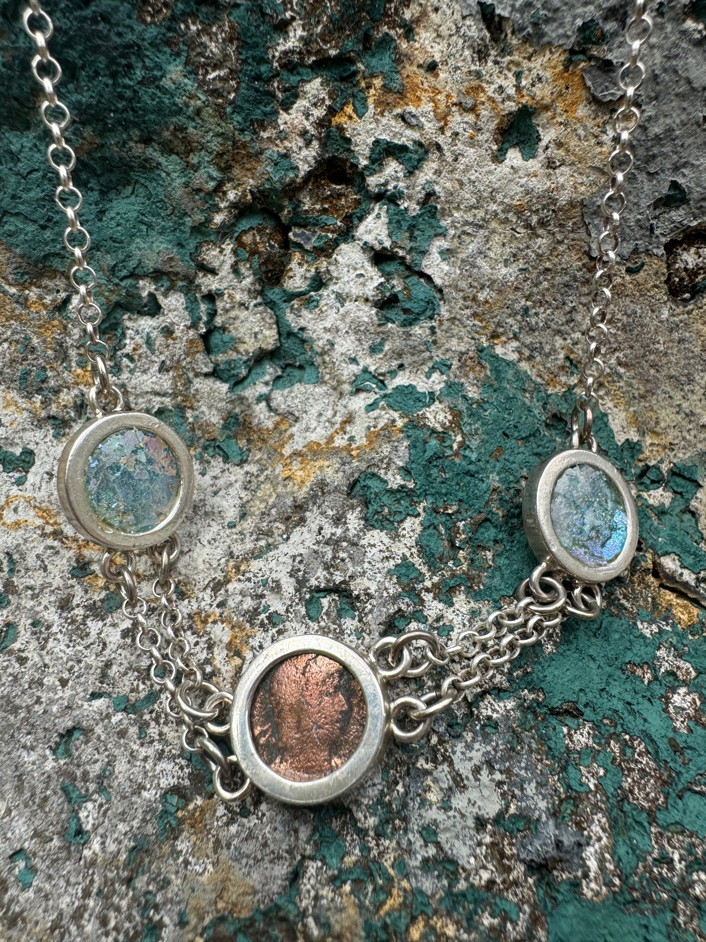 Ancient Roman Glass & Coin Silver Necklace