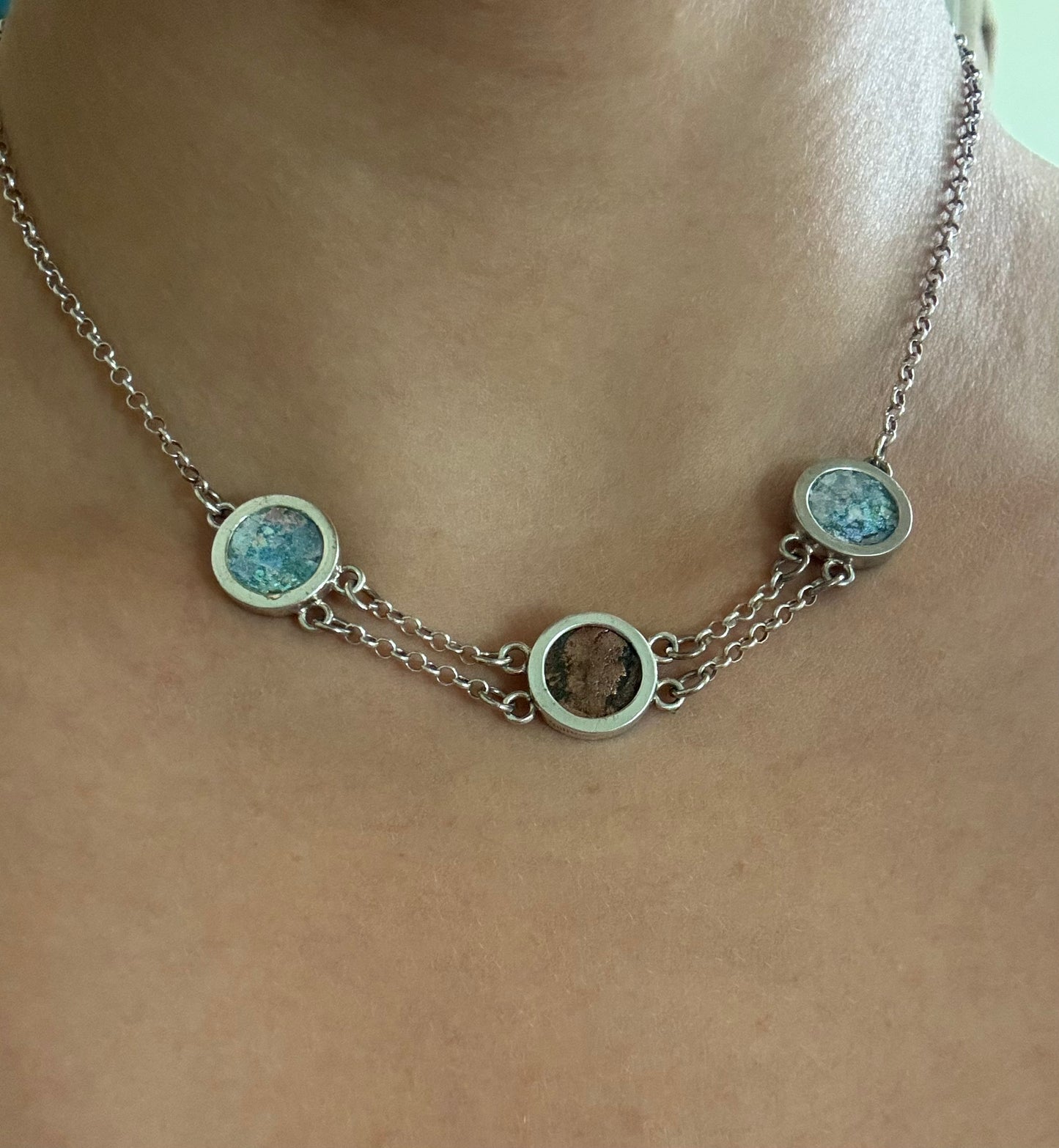Ancient Roman Glass & Coin Silver Necklace