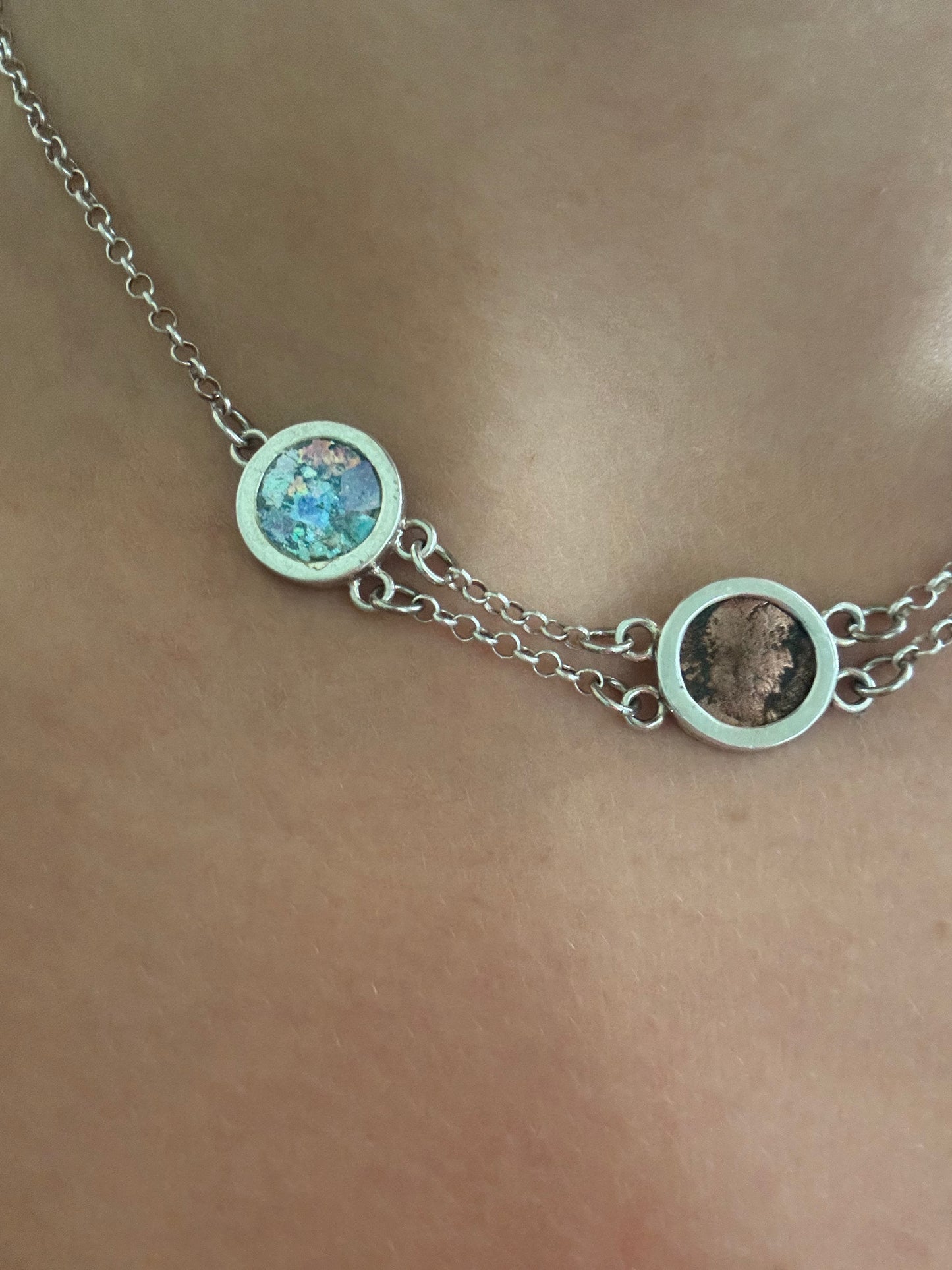 Ancient Roman Glass & Coin Silver Necklace