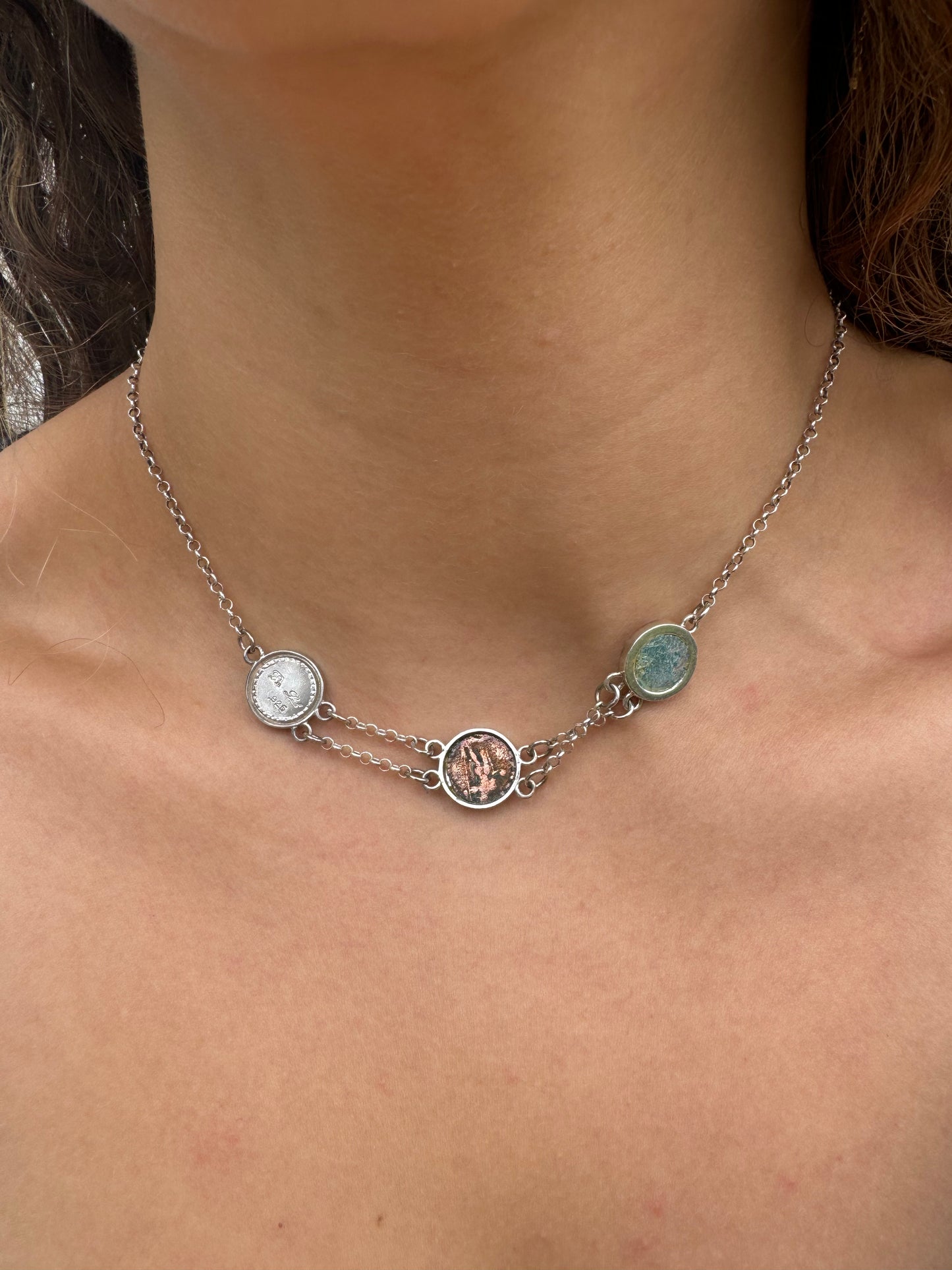 Ancient Roman Glass & Coin Silver Necklace