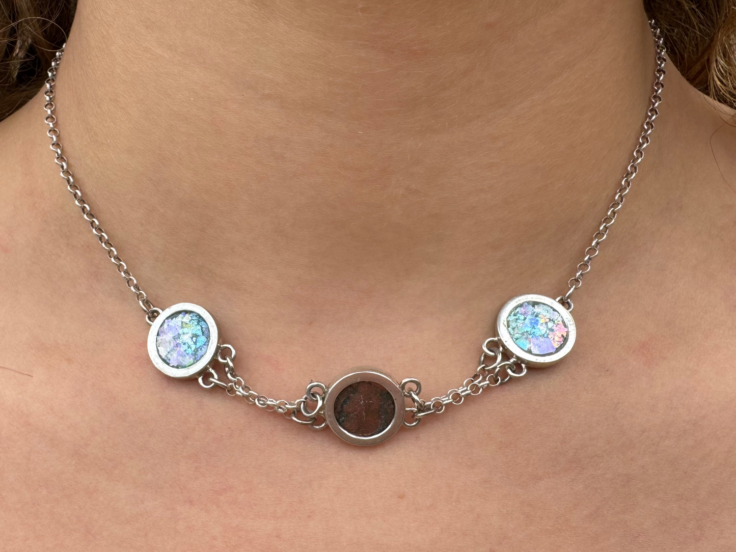 Ancient Roman Glass & Coin Silver Necklace