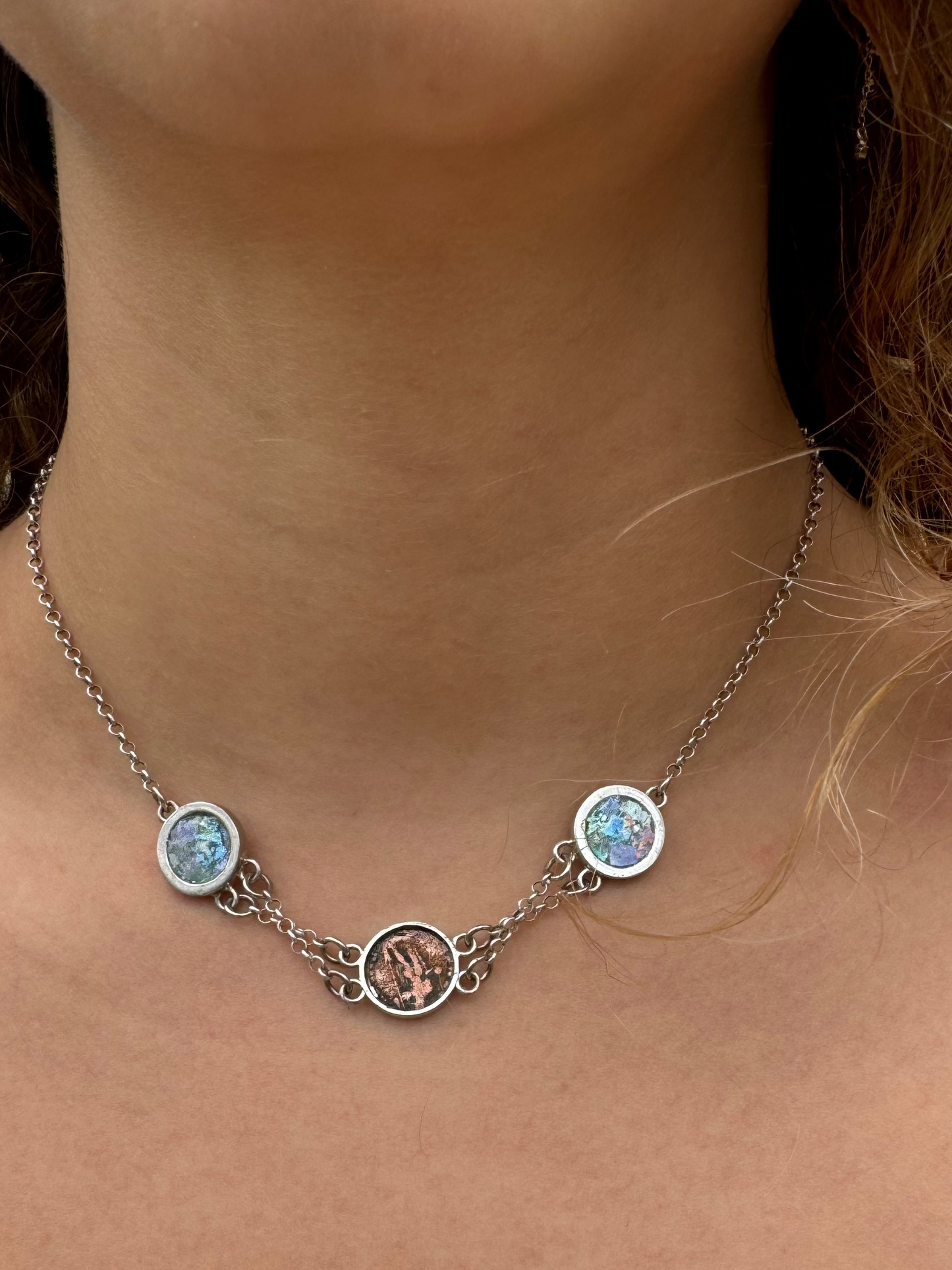 Ancient Roman Glass & Coin Silver Necklace