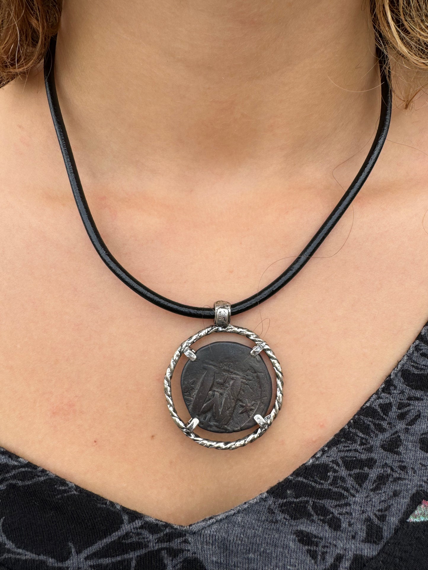 Big "M" Ancient Roman Coin Round Leather Necklace