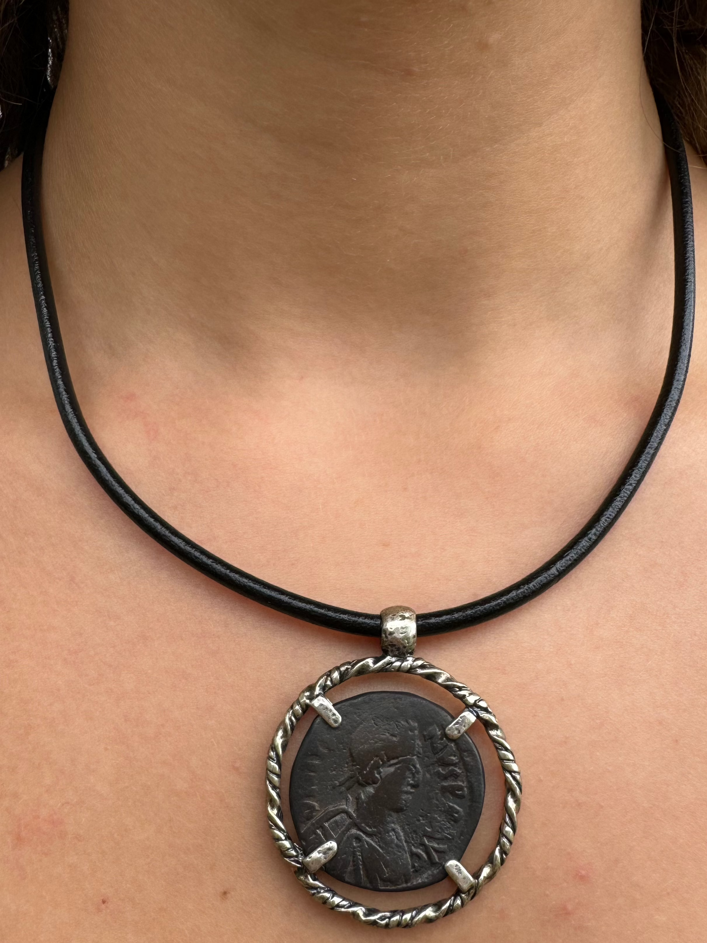 Big "M" Ancient Roman Coin Round Leather Necklace