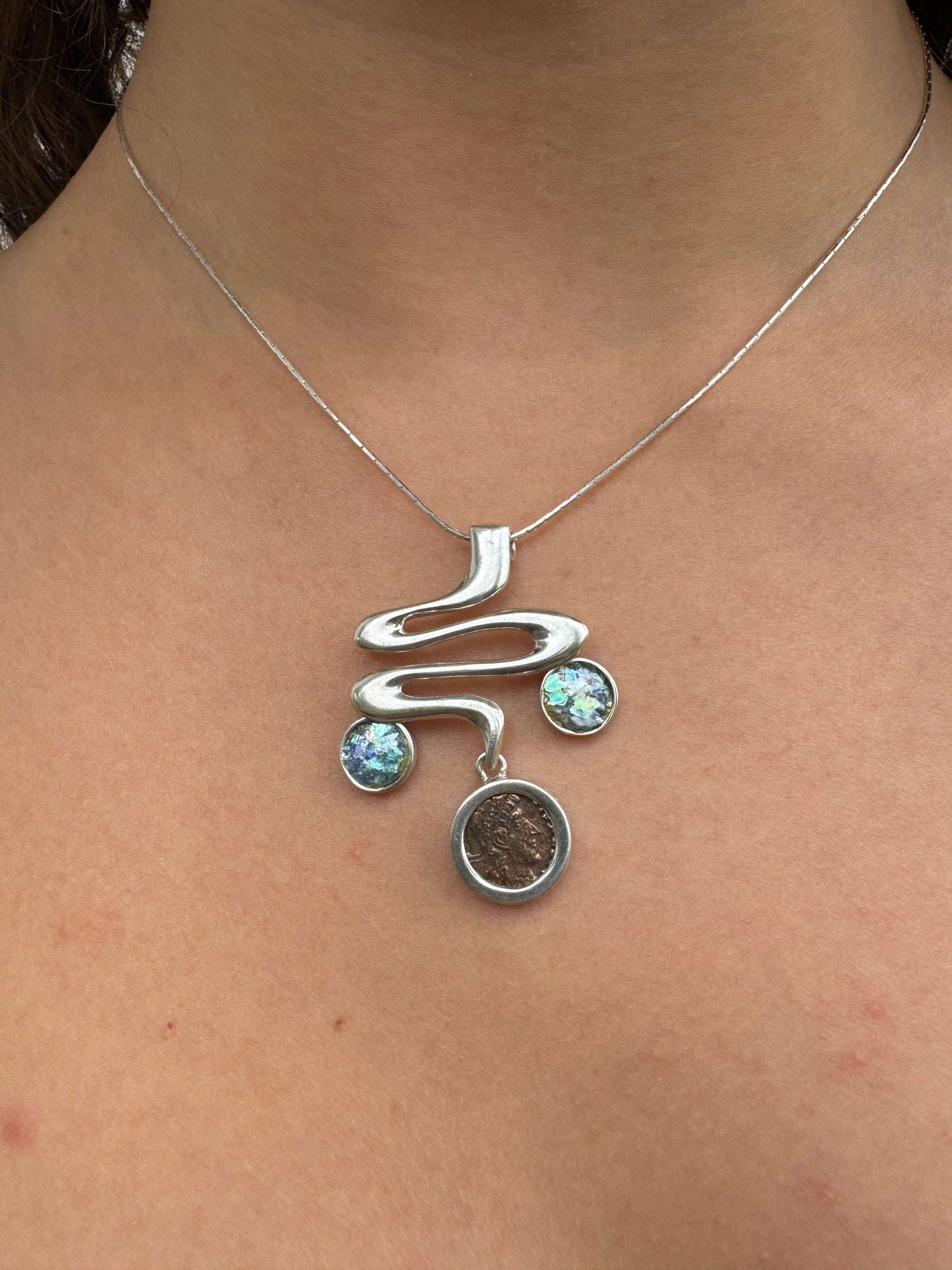 Ancient Roman Coin & Roman Glass Sterling Silver Necklace