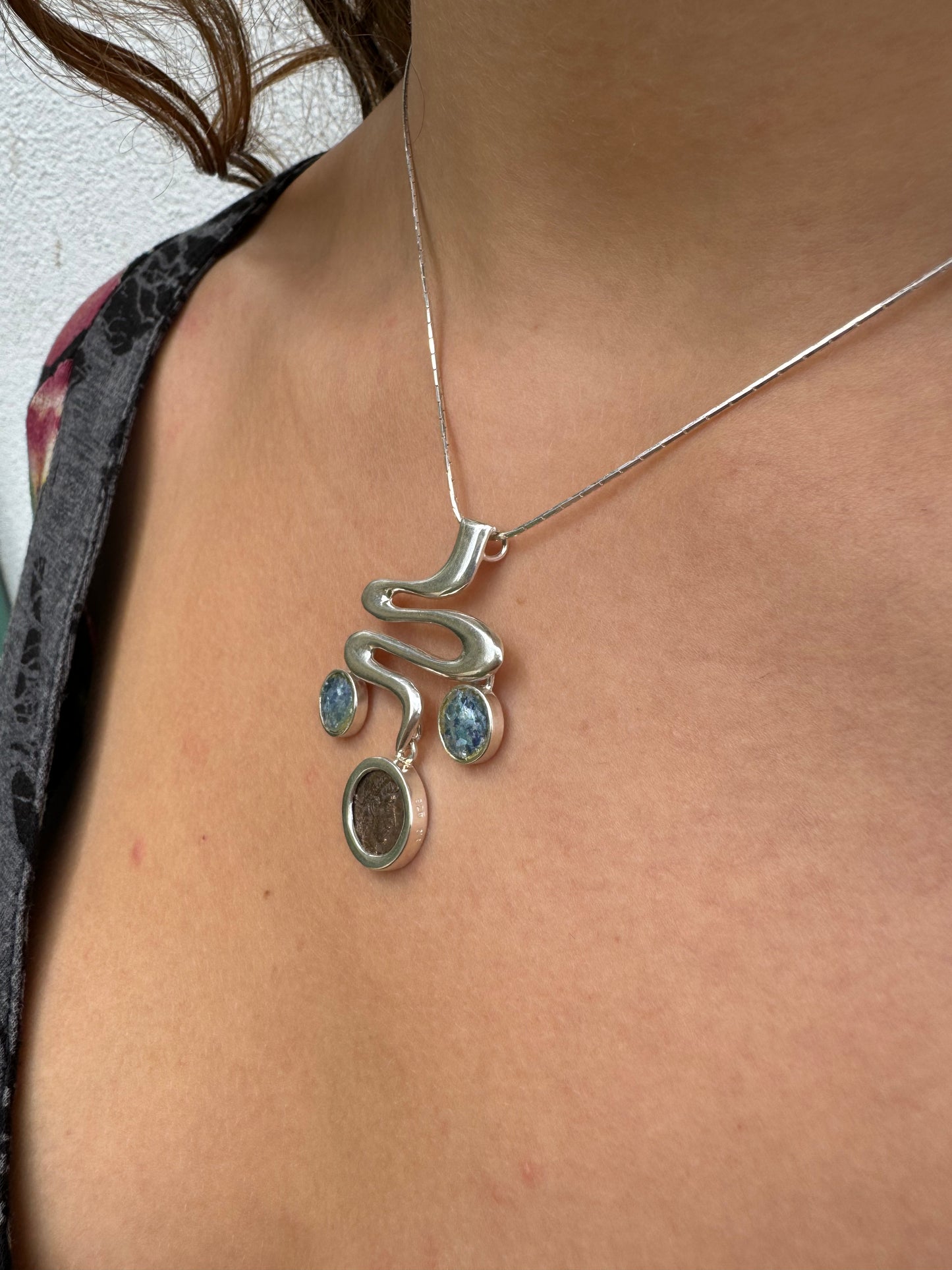 Ancient Roman Coin & Roman Glass Sterling Silver Necklace
