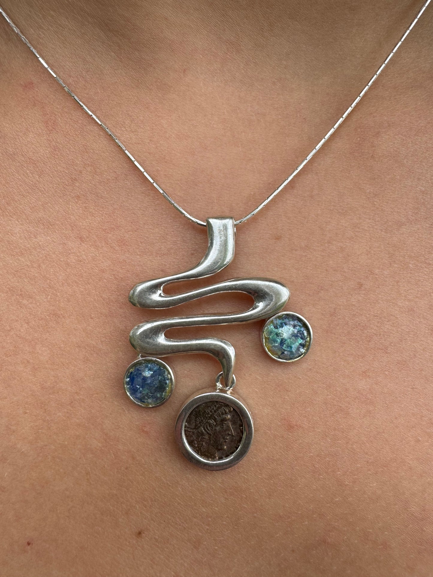 Ancient Roman Coin & Roman Glass Sterling Silver Necklace
