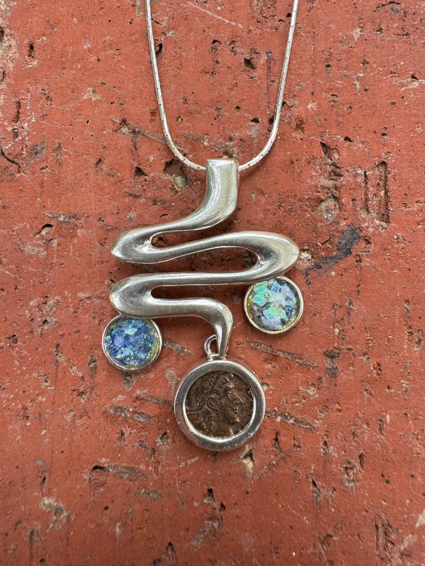Ancient Roman Coin & Roman Glass Sterling Silver Necklace