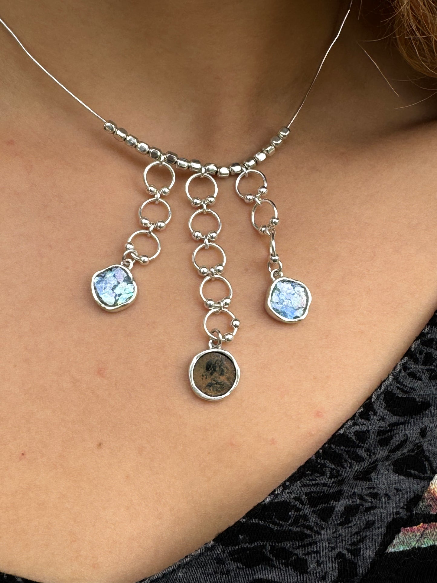 Ancient Roman Glass & Roman Coin Sterling Silver Necklace