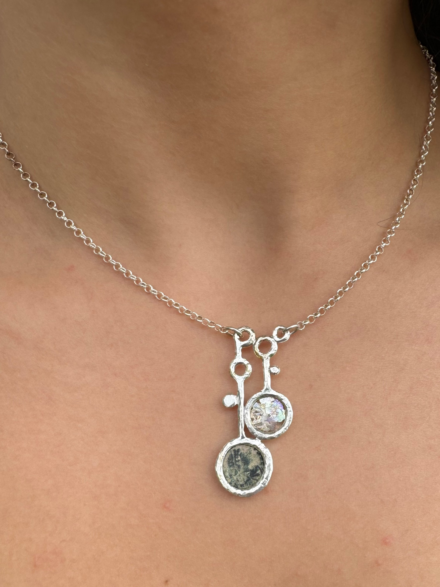 Two Sided Ancient Roman Glass & Roman Coin Sterling Silver Necklace