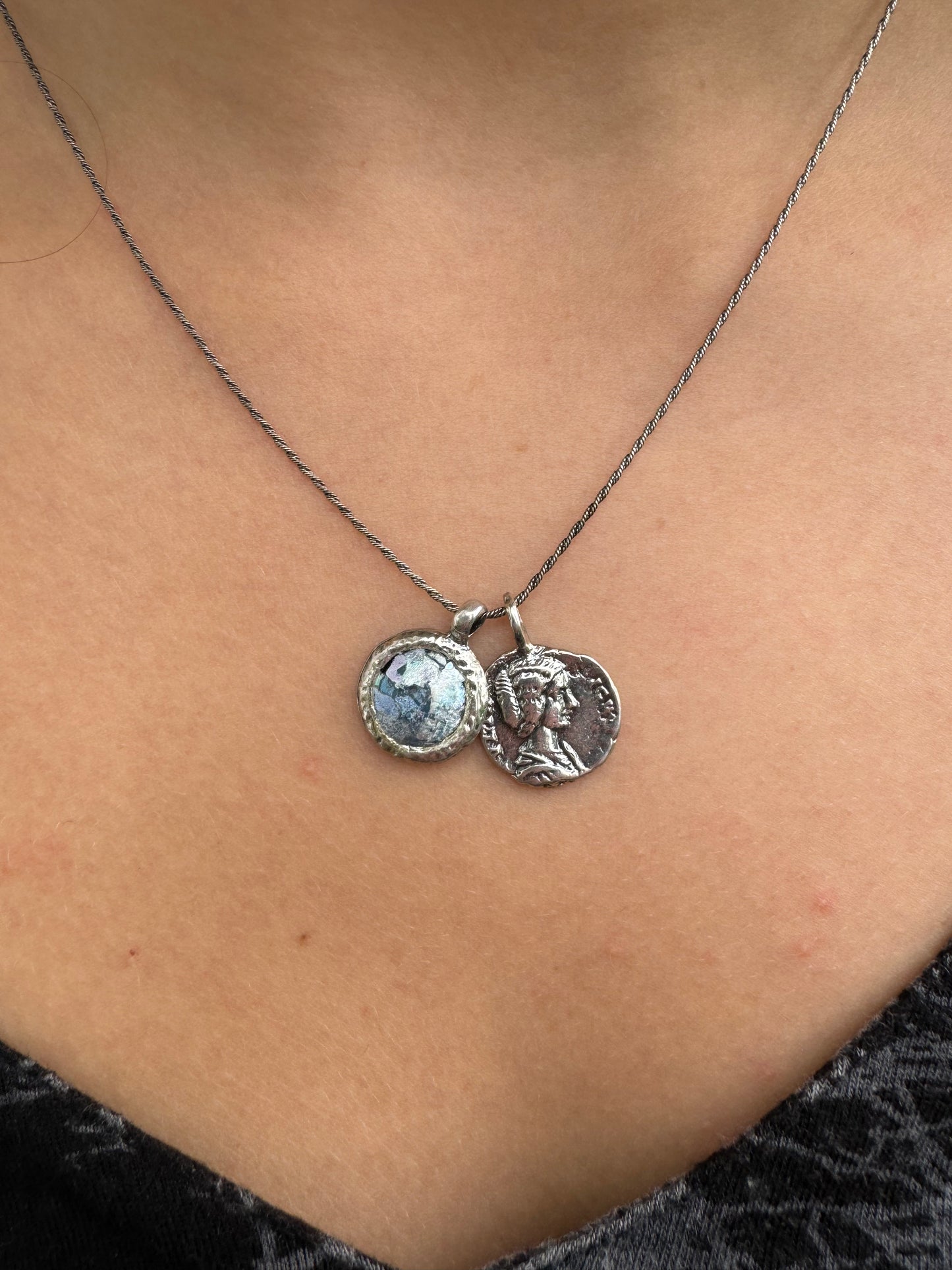 Round Ancient Roman Glass & Coin Silver Necklace