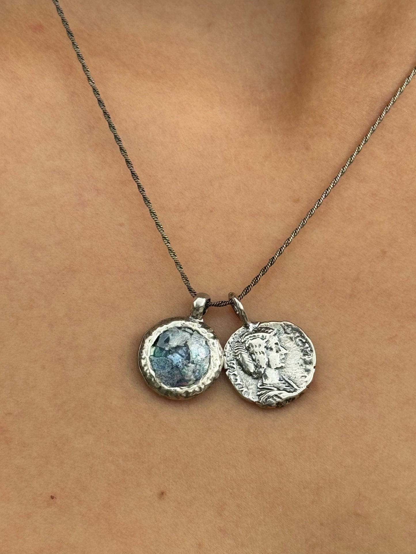 Round Ancient Roman Glass & Coin Silver Necklace
