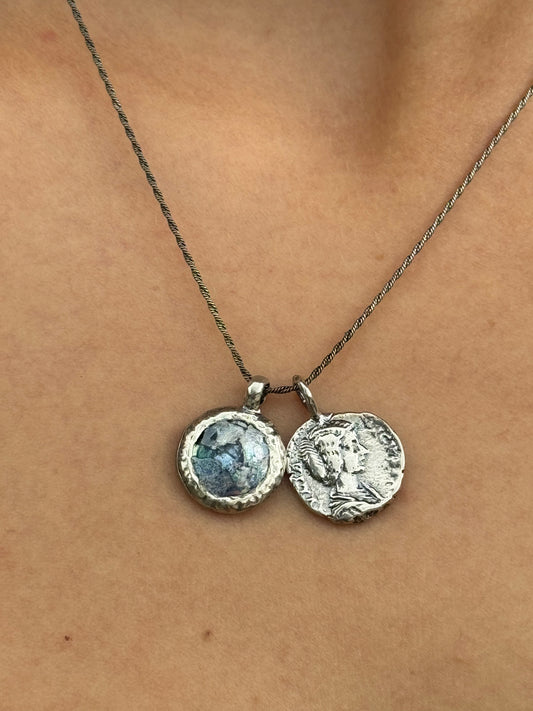 Round Ancient Roman Glass & Coin Silver Necklace