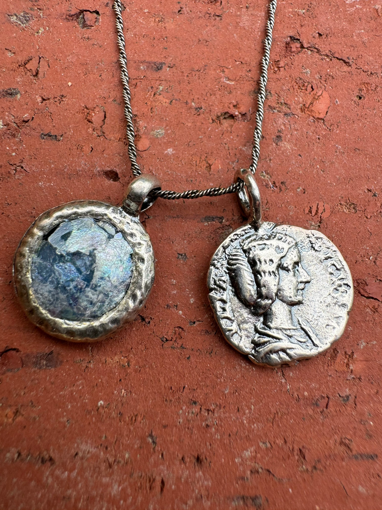 Round Ancient Roman Glass & Coin Silver Necklace