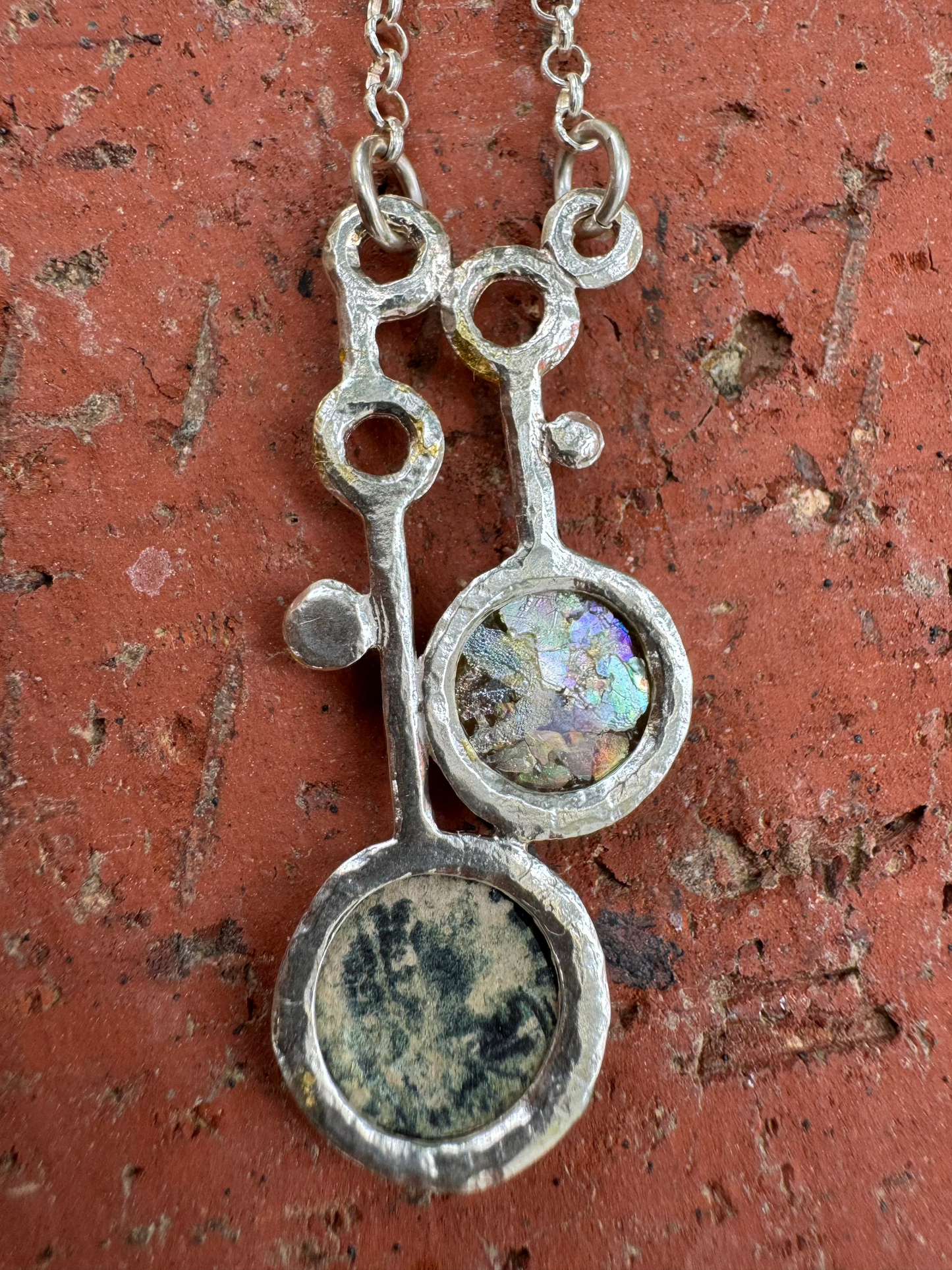 Two Sided Ancient Roman Glass & Roman Coin Sterling Silver Necklace