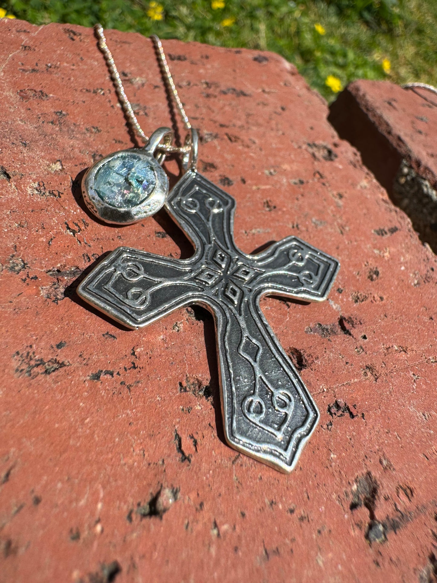 Oxidized Cross & Round Roman Glass Necklace