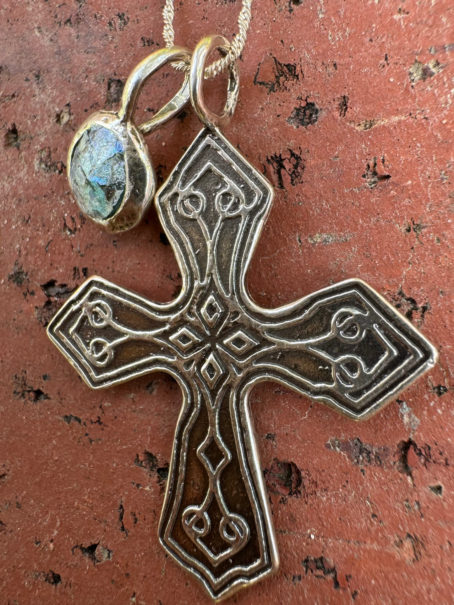 Oxidized Cross & Round Roman Glass Necklace