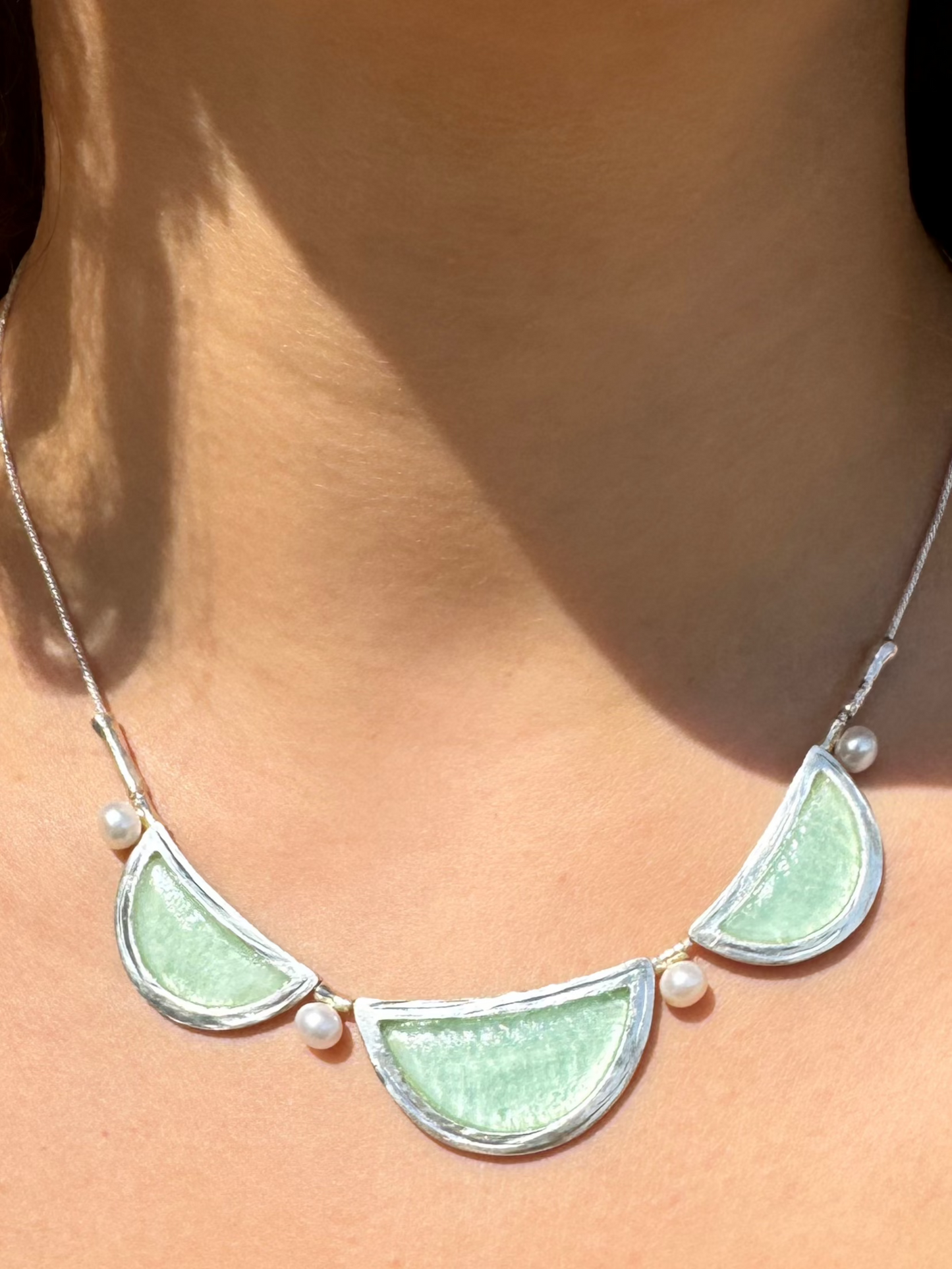Green Moon Roman Glass & Pearl Necklace