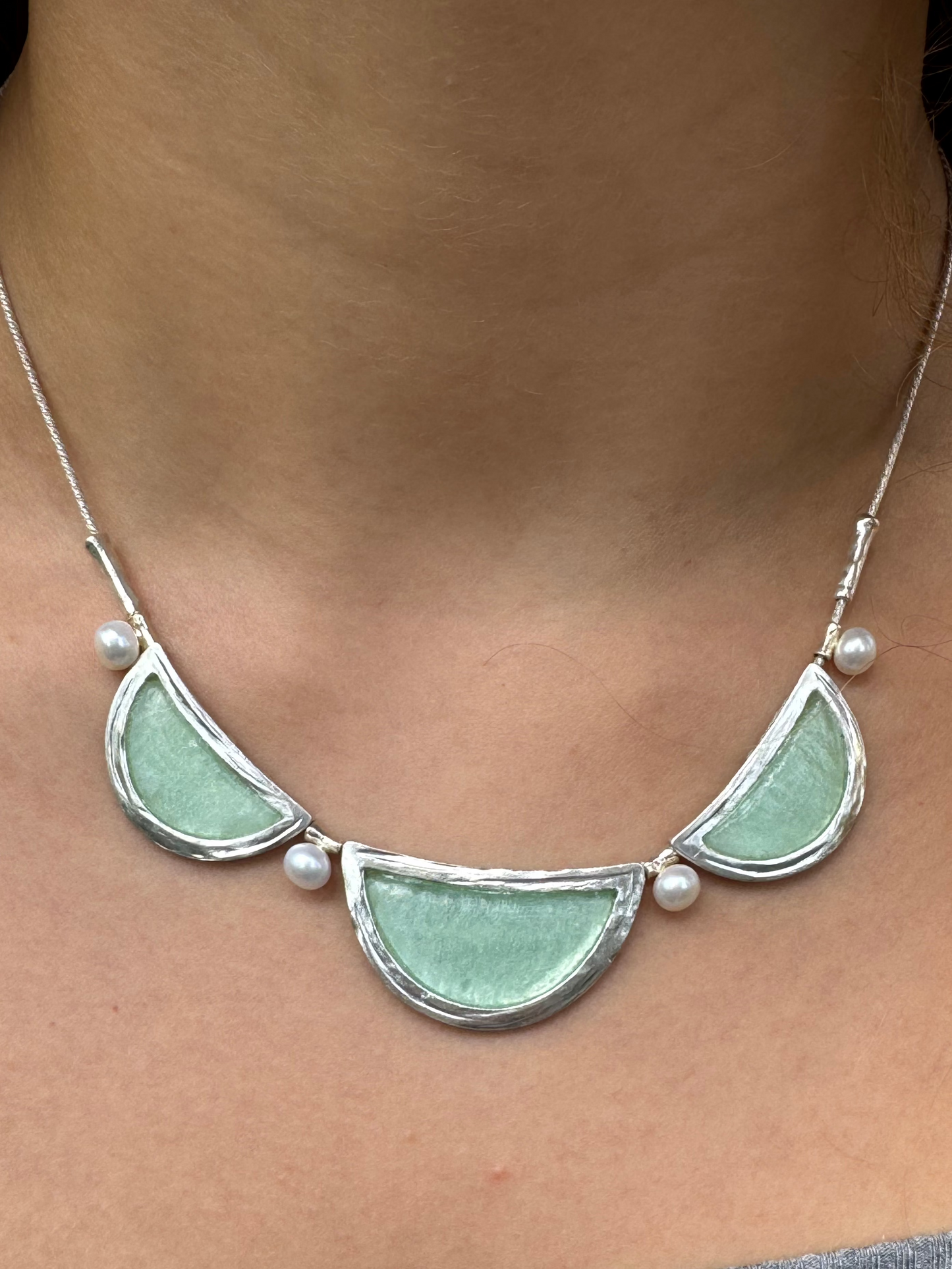 Green Moon Roman Glass & Pearl Necklace