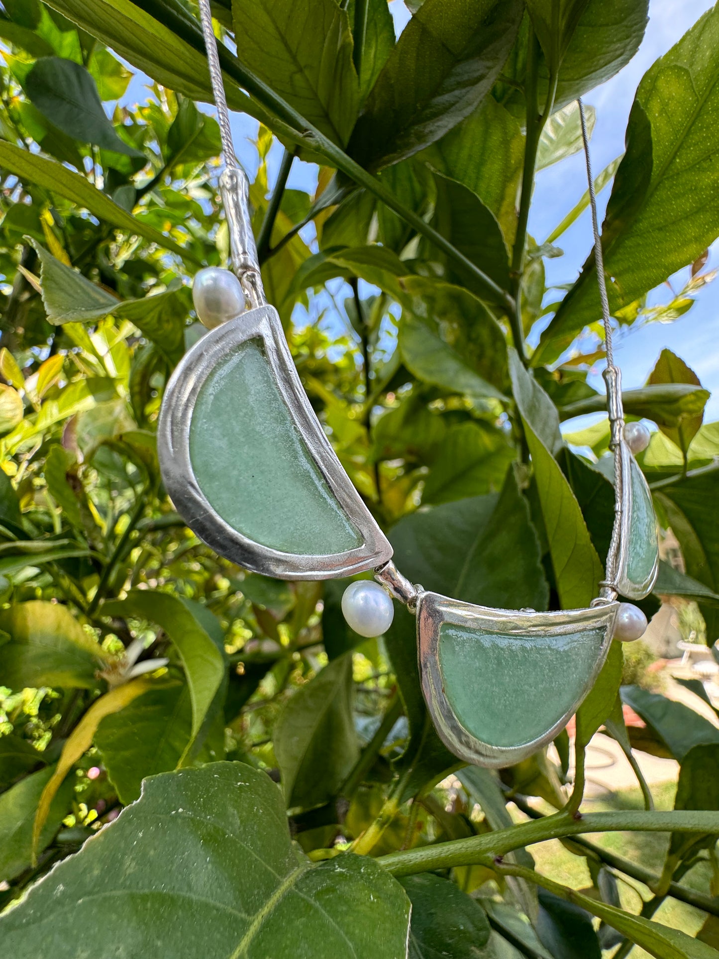Green Moon Roman Glass & Pearl Necklace