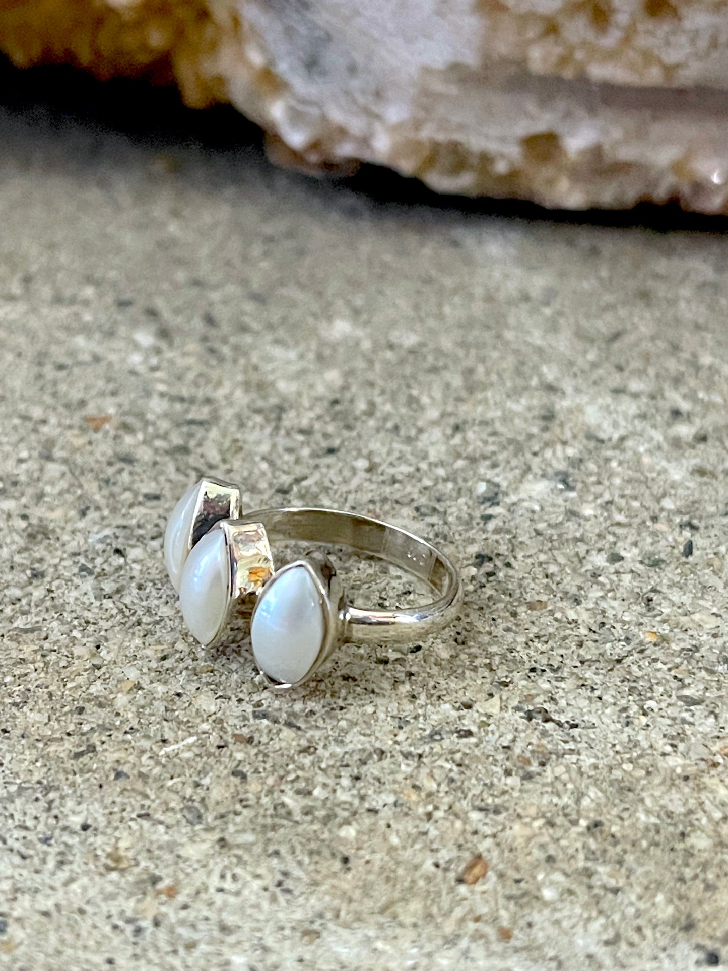 3 Marquise Pearls Sterling Silver Ring