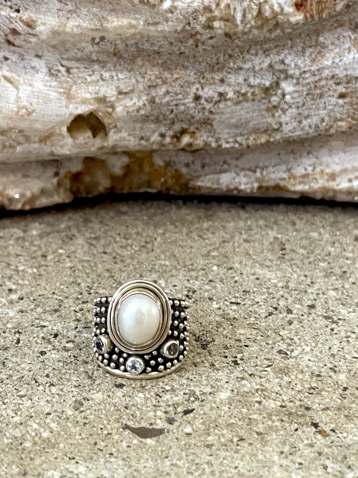 Wide Pearl & 3 Blue Topaz Sterling Silver Ring