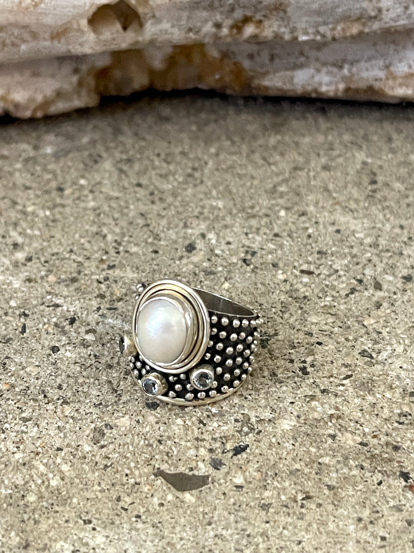Wide Pearl & 3 Blue Topaz Sterling Silver Ring