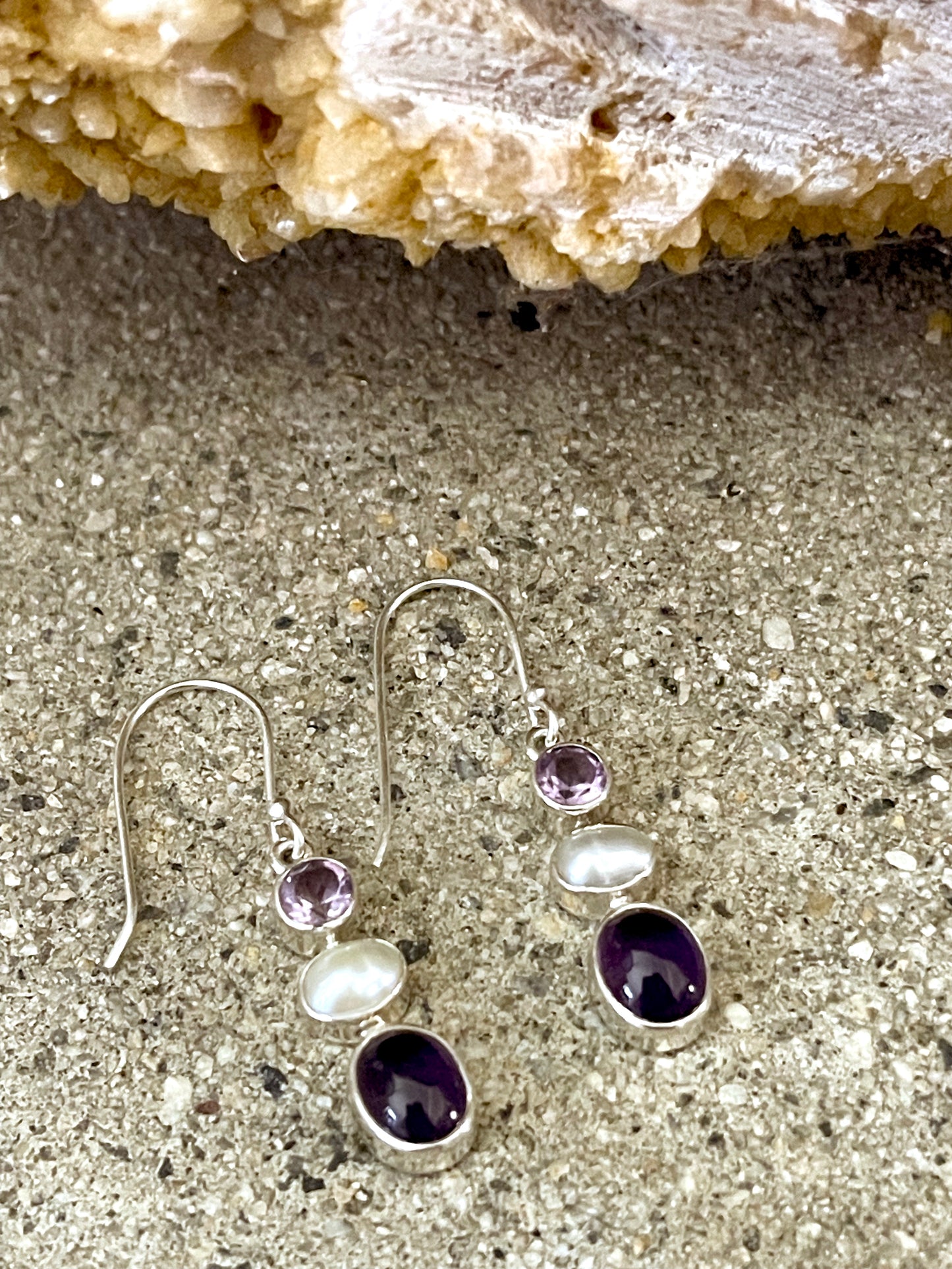 Amethyst Pearl & Purple Oval Sterling Silver Earrings