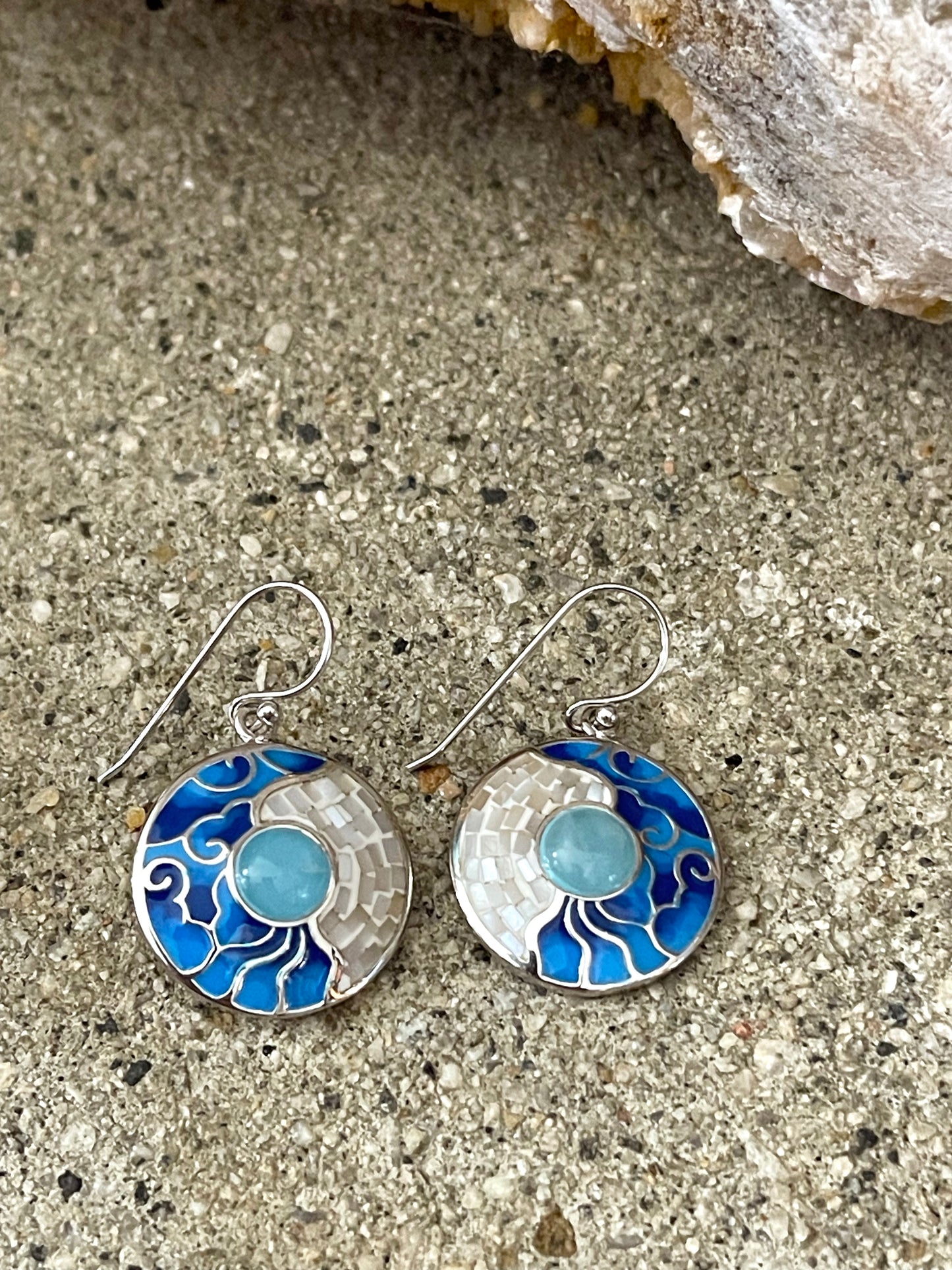 Blue and White Mosaic with Aquamarine Sterling Silver with Rhodium Plating Earrings