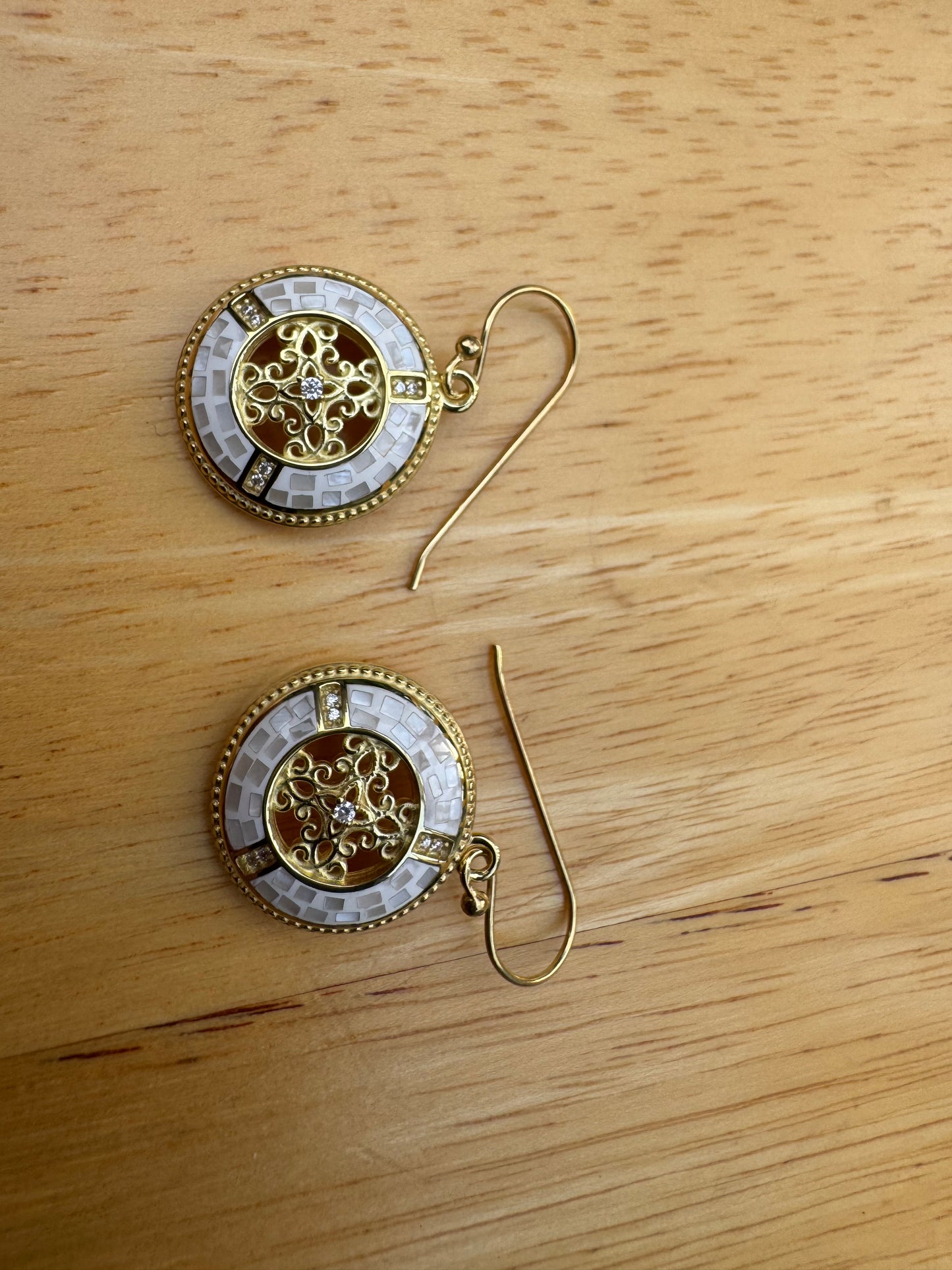 GOLDEN WHITE MOTHER OF PEARL MOSAIC DECORATIVE GOLD PLATED OVER STERLING EARRINGS