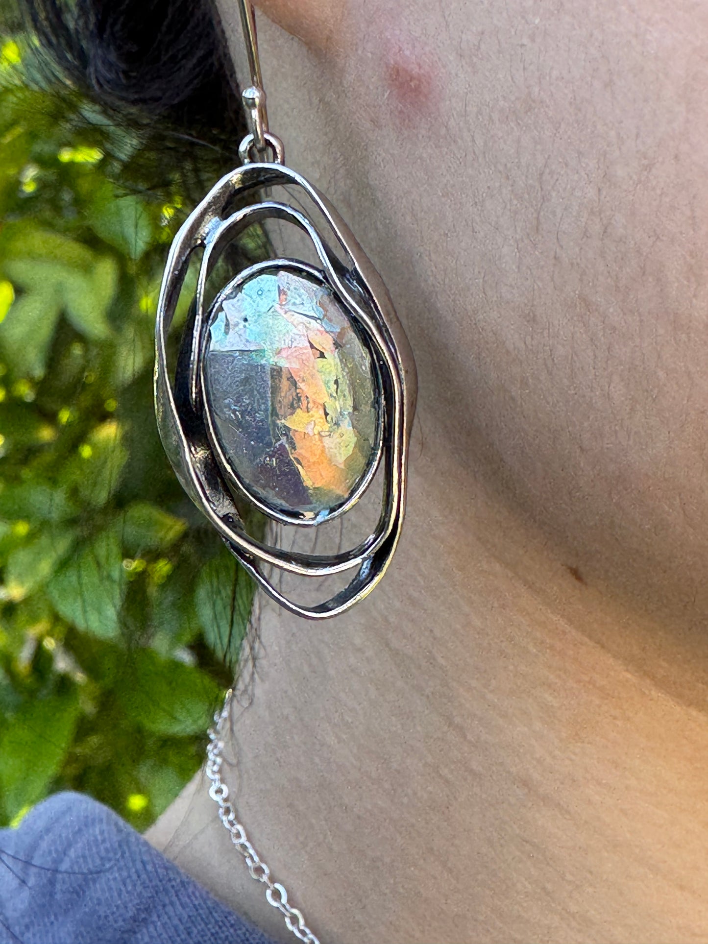 Oval ancient roman glass 2 sterling circles earrings