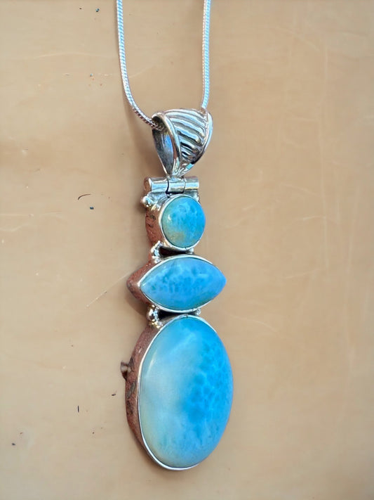 3 Larimar Stones Sterling Silver Necklace