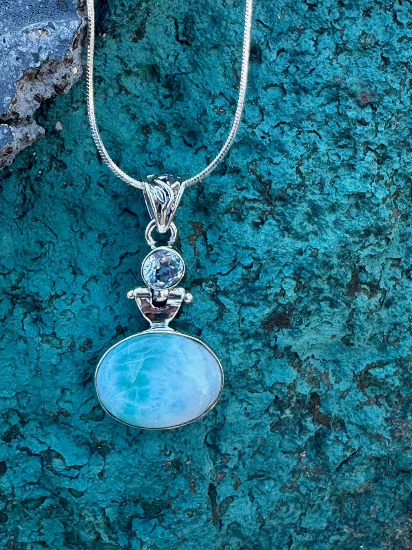 Oval Larimar & Round Blue Topaz Sterling Silver Necklace