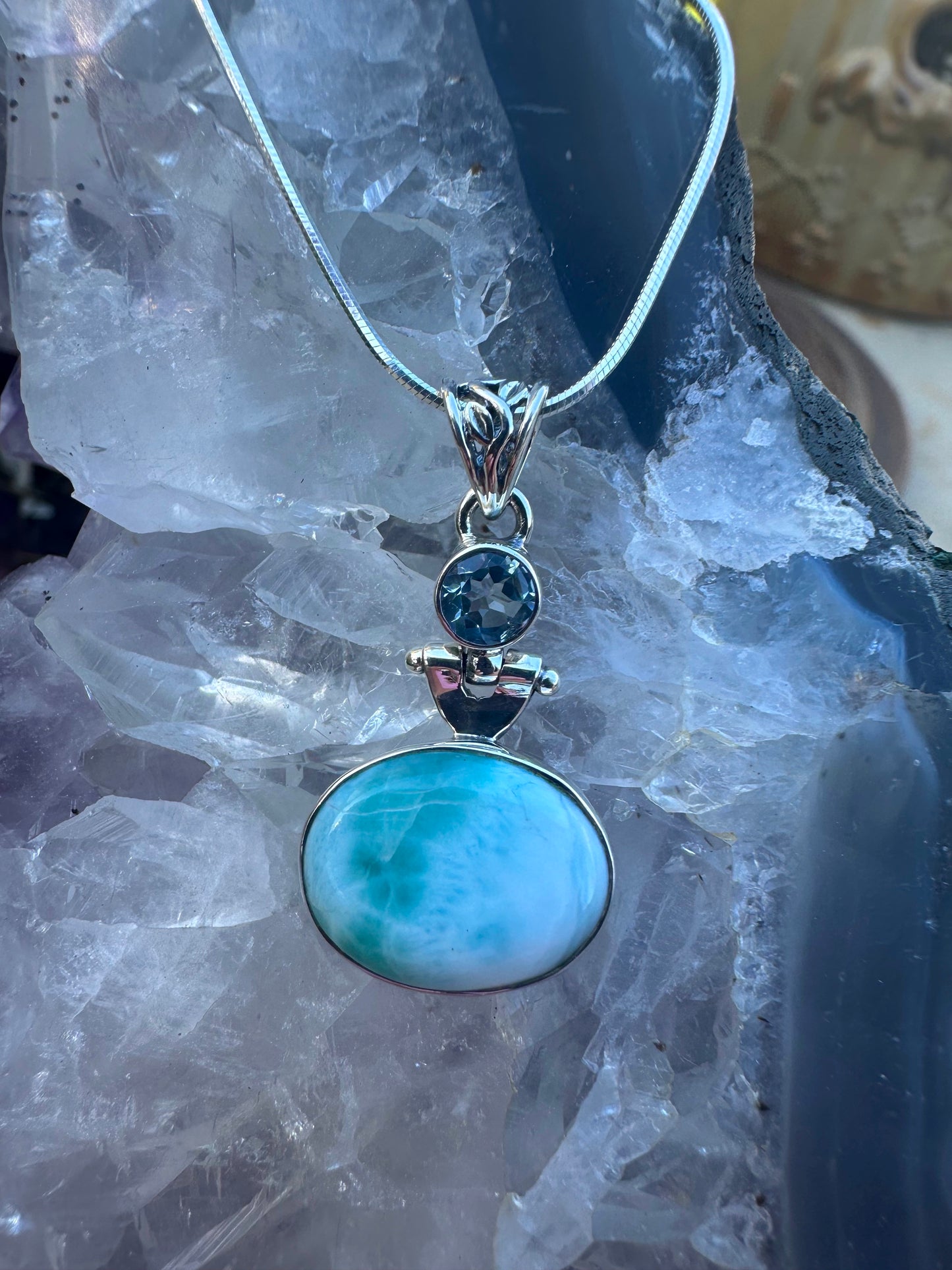 Oval Larimar & Round Blue Topaz Sterling Silver Necklace