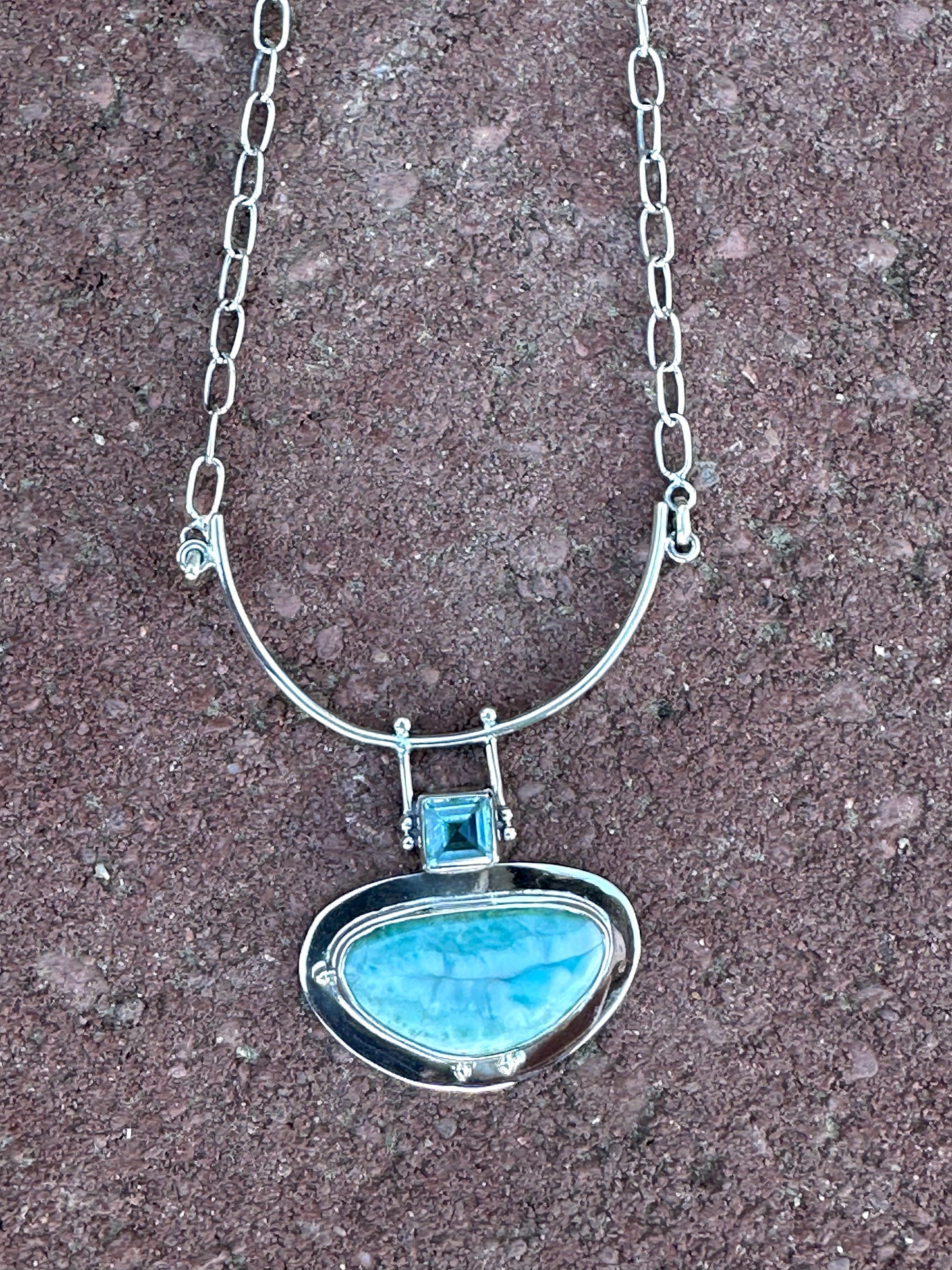 Oval Larimar & Square Blue Topaz Sterling Silver Necklace