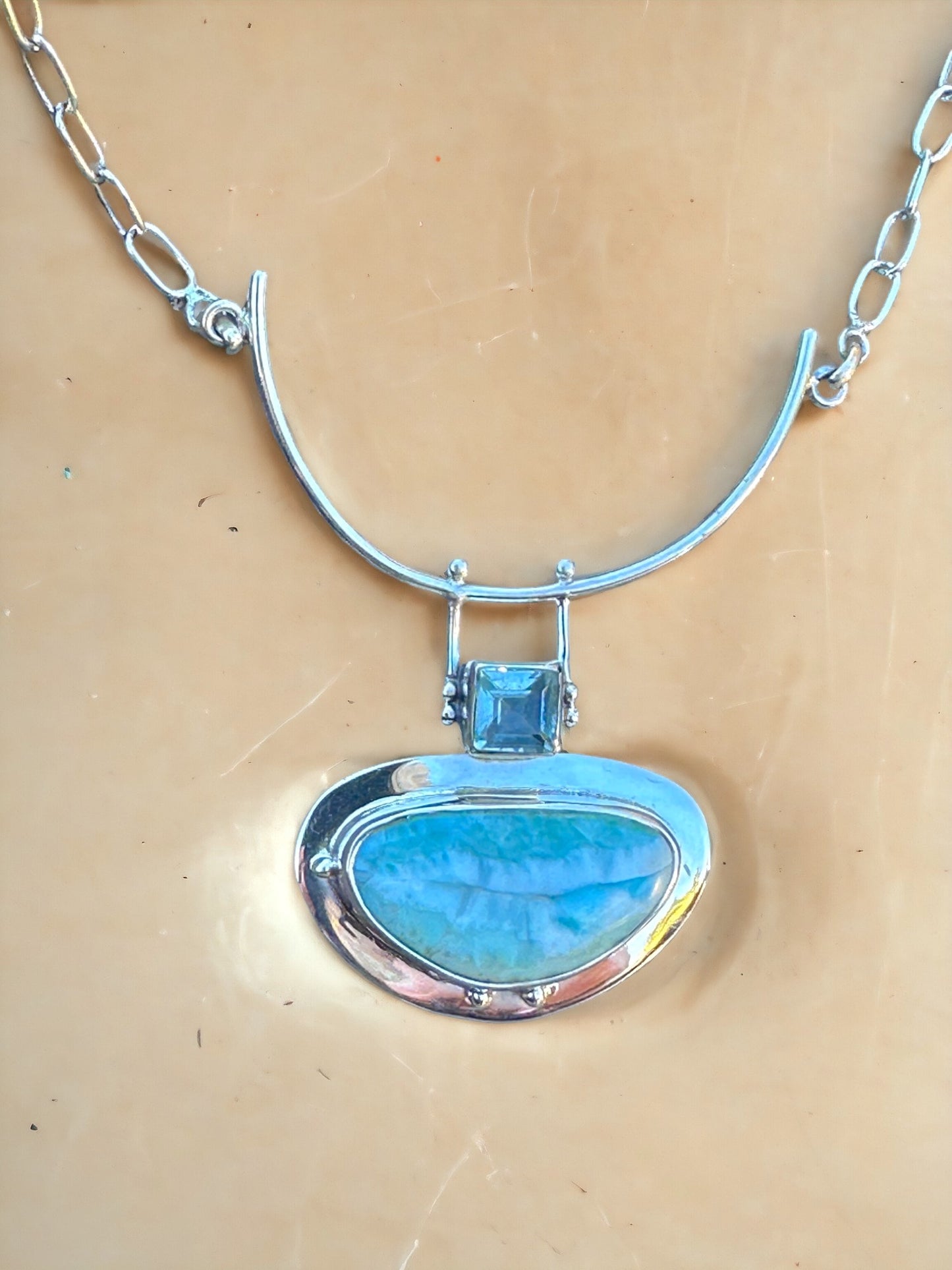 Oval Larimar & Square Blue Topaz Sterling Silver Necklace