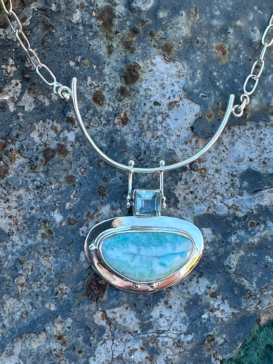 Oval Larimar & Square Blue Topaz Sterling Silver Necklace