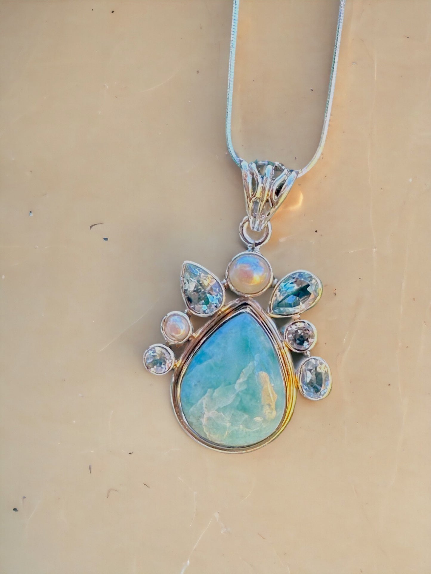 Teardrop Larimar & 5 Blue Topaz Stones & 2 Pearls Sterling Silver Necklace
