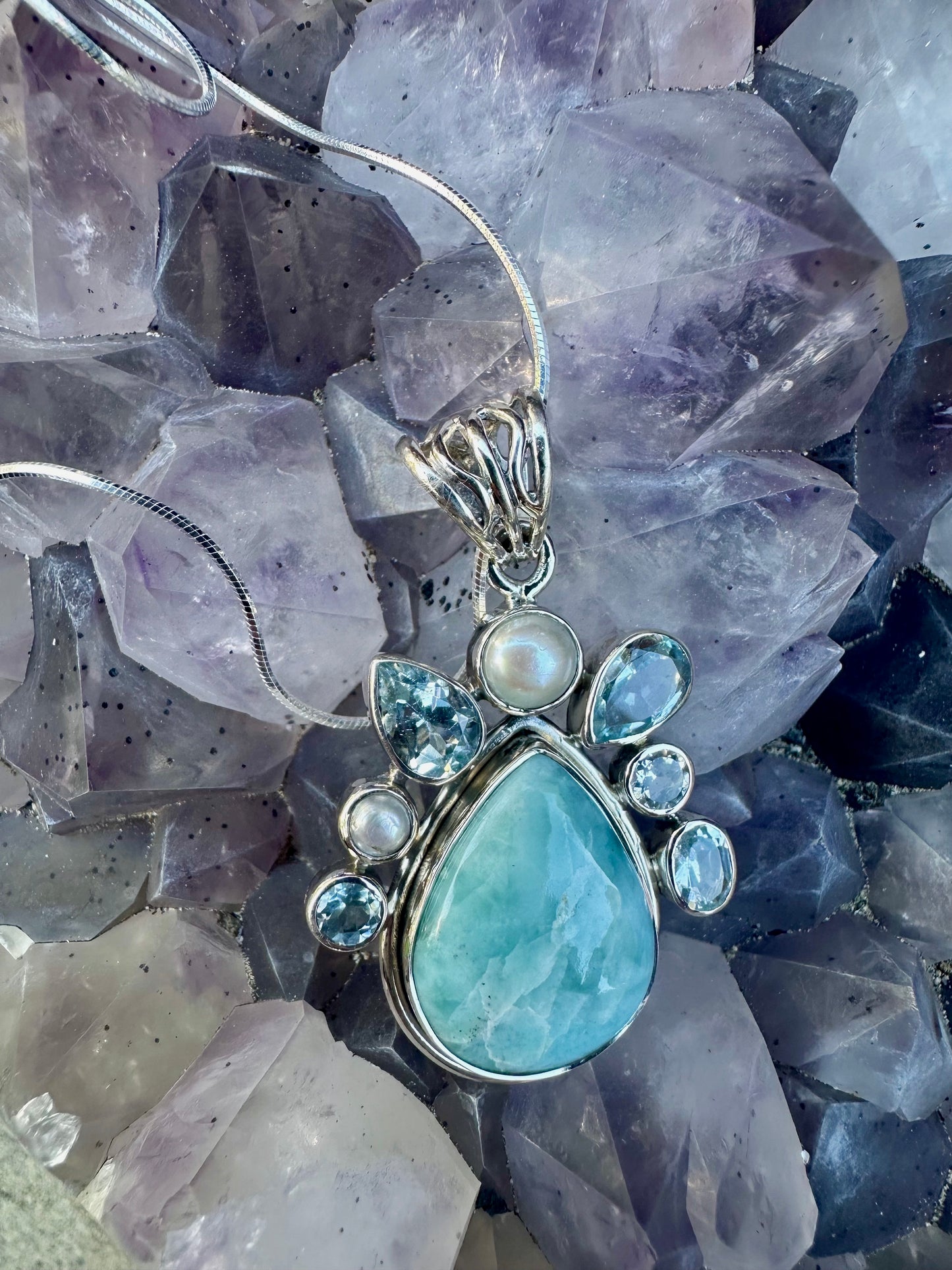 Teardrop Larimar & 5 Blue Topaz Stones & 2 Pearls Sterling Silver Necklace